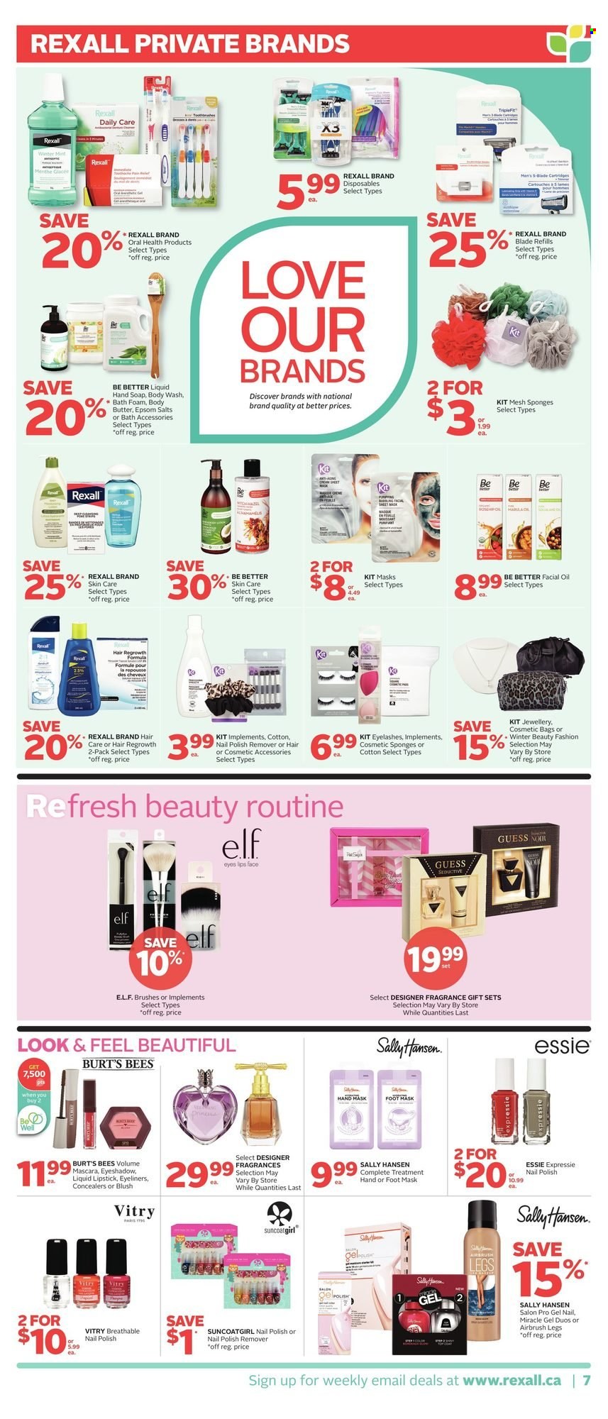 thumbnail - Rexall Flyer - December 31, 2021 - January 06, 2022 - Sales products - oil, body wash, hand soap, bath foam, soap, facial oil, Hask, body butter, fragrance, Guess, cosmetic accessory, cosmetic bag, nail polish remover, eyeshadow, lipstick, mascara, eyelashes, sponge, Sally Hansen. Page 6.