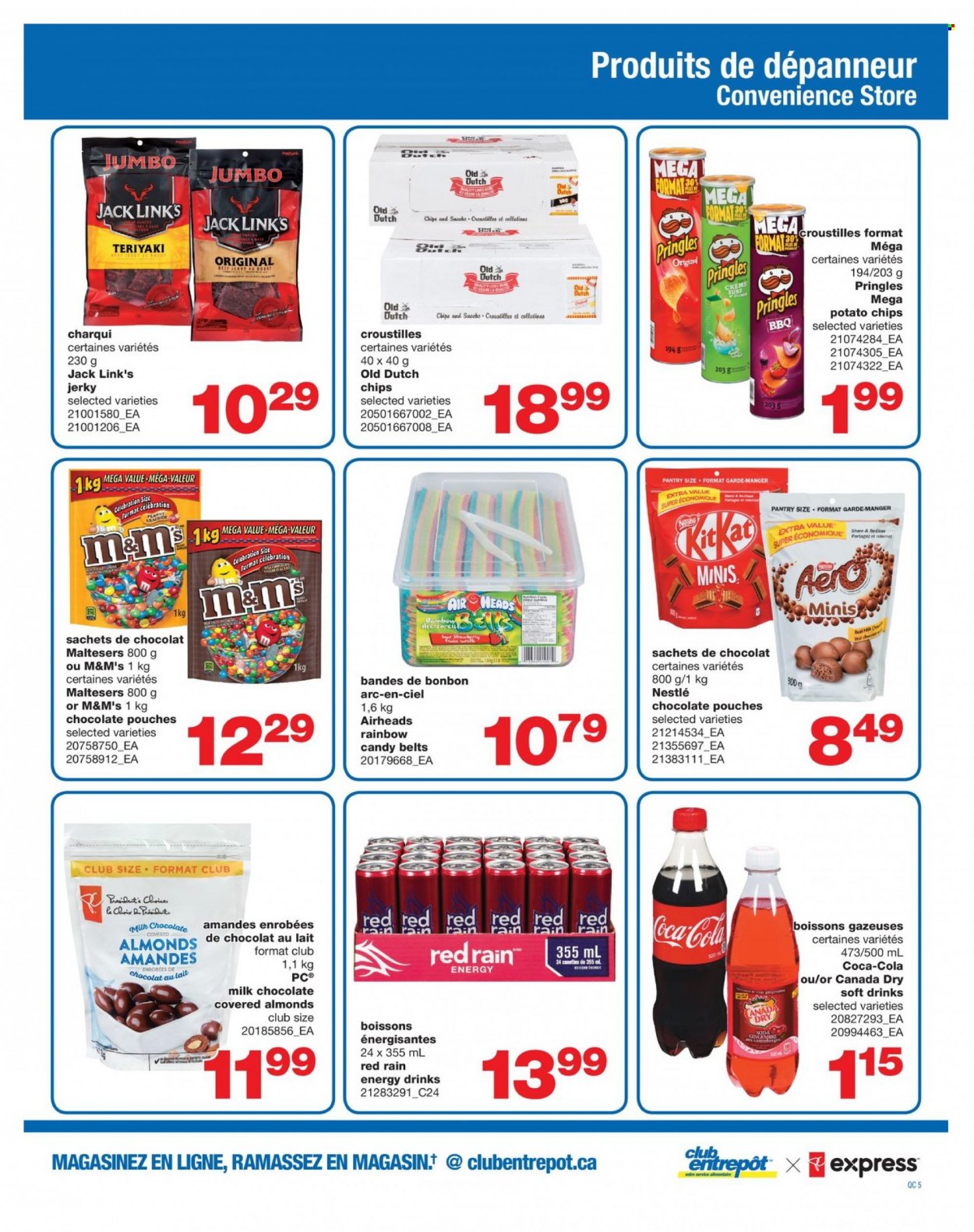 thumbnail - Wholesale Club Flyer - December 02, 2021 - January 05, 2022 - Sales products - beef jerky, jerky, milk chocolate, chocolate, KitKat, Celebration, AirHeads, Maltesers, potato chips, Pringles, Jack Link's, Canada Dry, Coca-Cola, energy drink, soft drink, soda, Nestlé, chips, M&M's. Page 5.