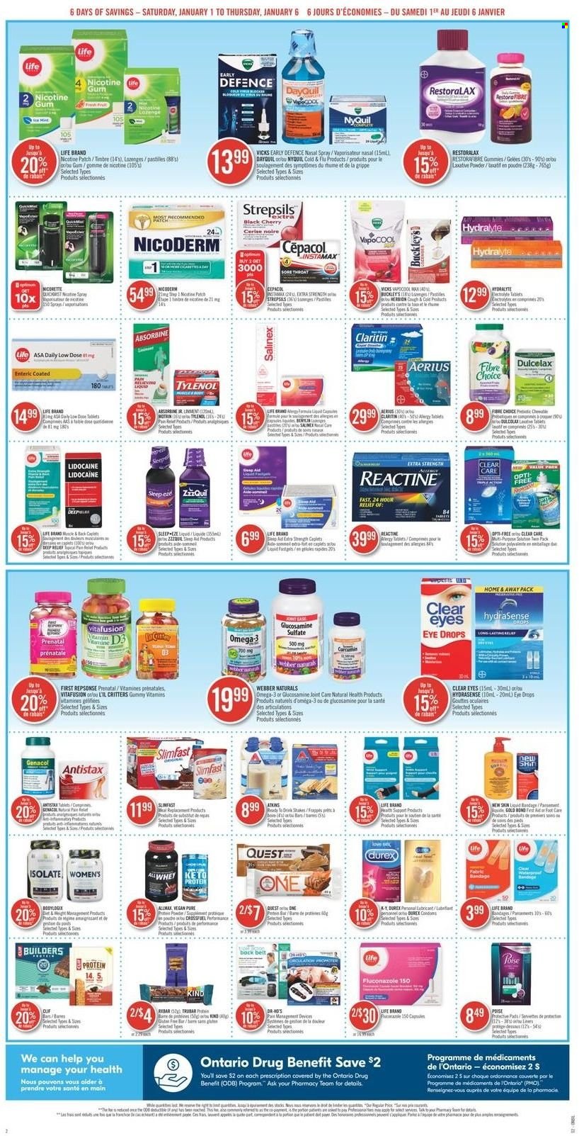 thumbnail - Shoppers Drug Mart Flyer - January 01, 2022 - January 06, 2022 - Sales products - Slimfast, tea, XTRA, Vicks, foot care, belt, Clear Care, Dulcolax, Cold & Flu, glucosamine, NicoDerm, Nicorette, nicotine therapy, Tylenol, Vitafusion, Prenatal, NyQuil, Omega-3, eye drops, Strepsils, vitamin D3, Low Dose, nasal spray, Motrin. Page 2.