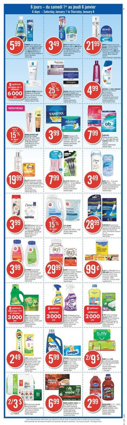 thumbnail - Pharmaprix Flyer - January 01, 2022 - January 06, 2022 - Sales products - pants, Aveeno, kitchen towels, paper towels, Gain, Snuggle, Persil, Purex, Carefree, tampons, Abreva, La Roche-Posay, pen, Dove, Gillette, Neutrogena, Tampax. Page 14.