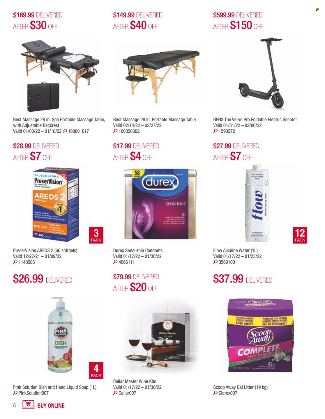 thumbnail - Costco Flyer - January 01, 2022 - February 28, 2022 - Sales products - alkaline water, wine, soap, cat litter, electric scooter, table, massage table. Page 6.