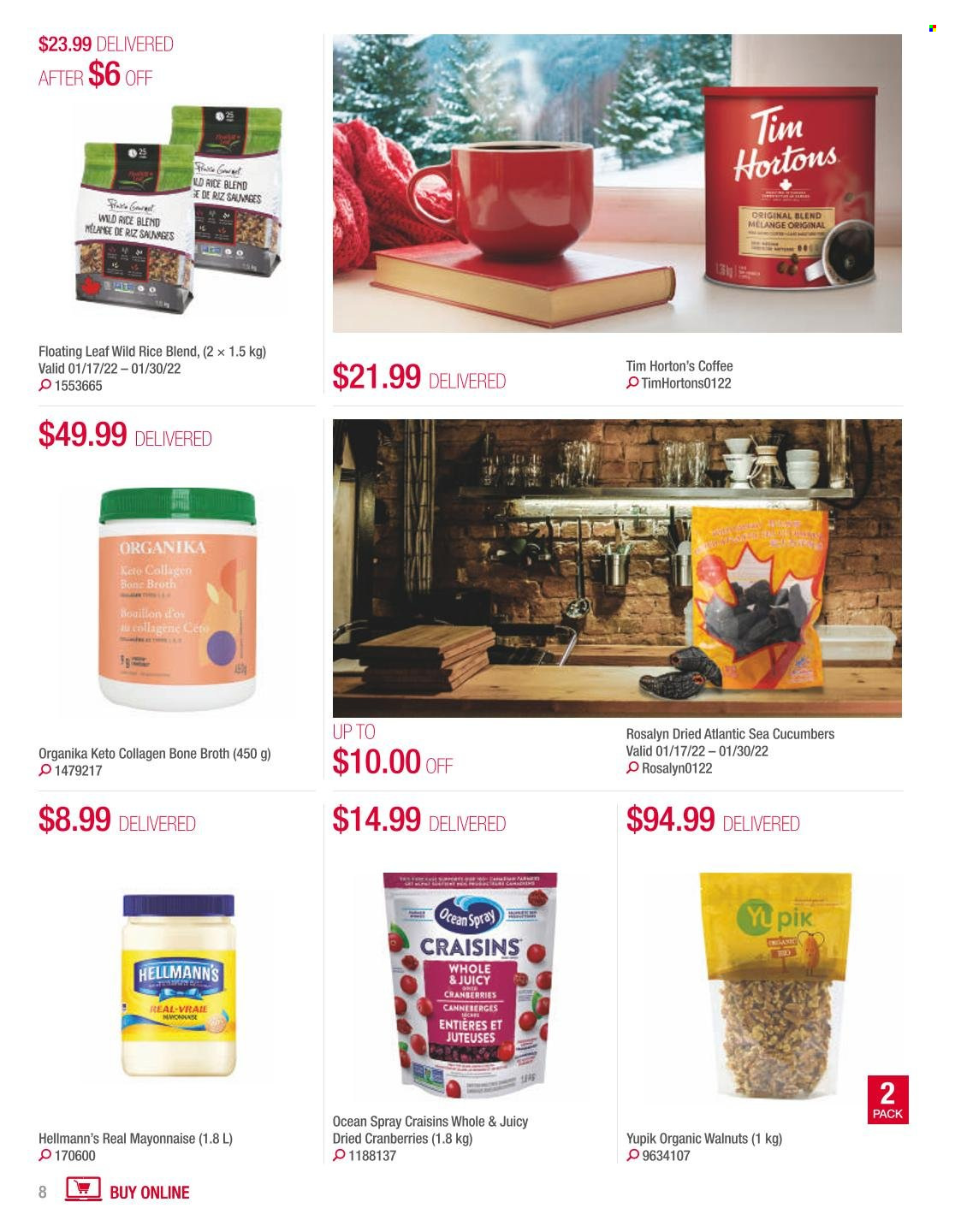 thumbnail - Costco Flyer - January 01, 2022 - February 28, 2022 - Sales products - cucumber, mayonnaise, Hellmann’s, bouillon, broth, craisins, cranberries, rice, walnuts, dried fruit, coffee. Page 8.