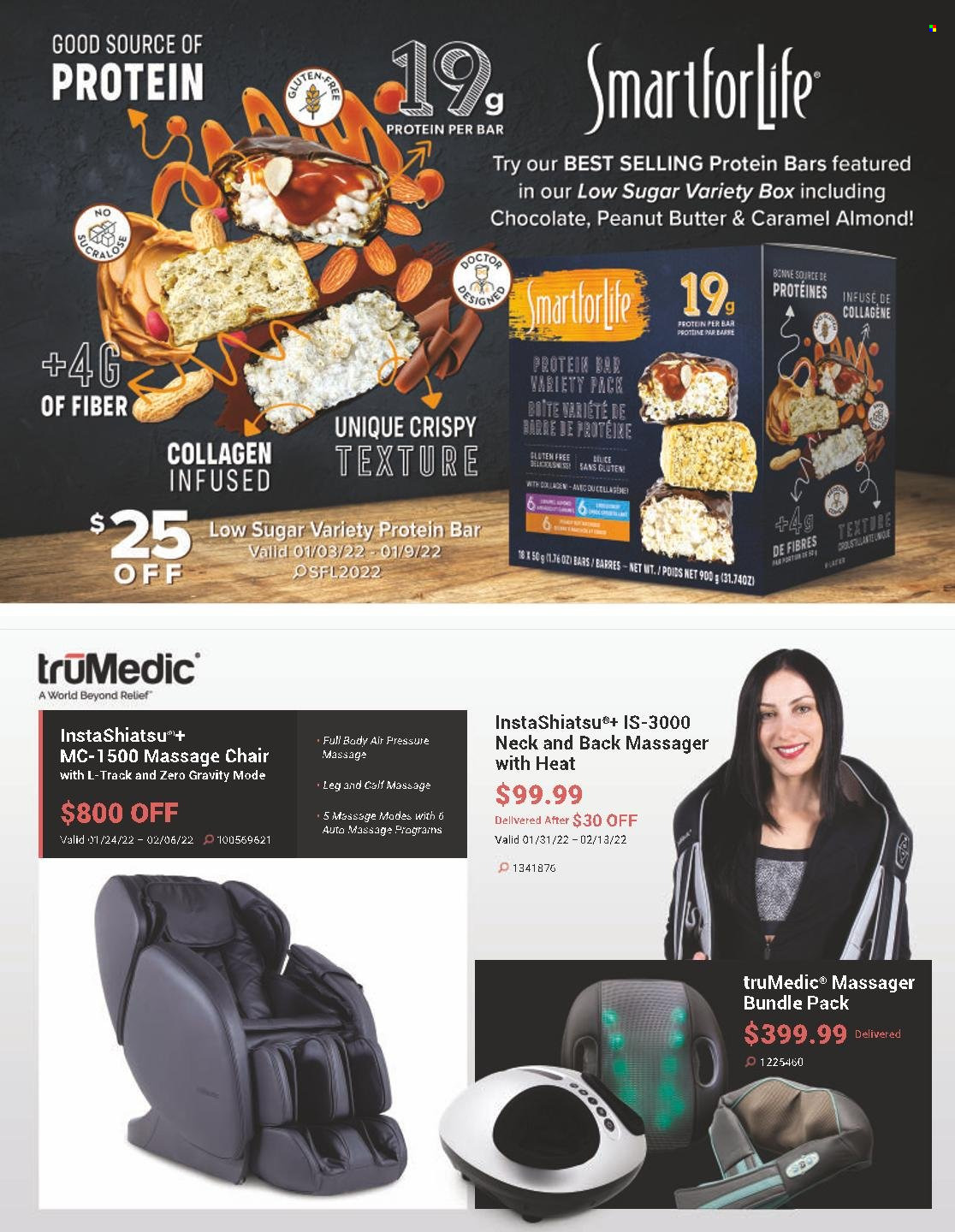 thumbnail - Costco Flyer - January 01, 2022 - February 28, 2022 - Sales products - chocolate, protein bar, caramel, peanut butter, massager, massage chair, chair, bra. Page 9.