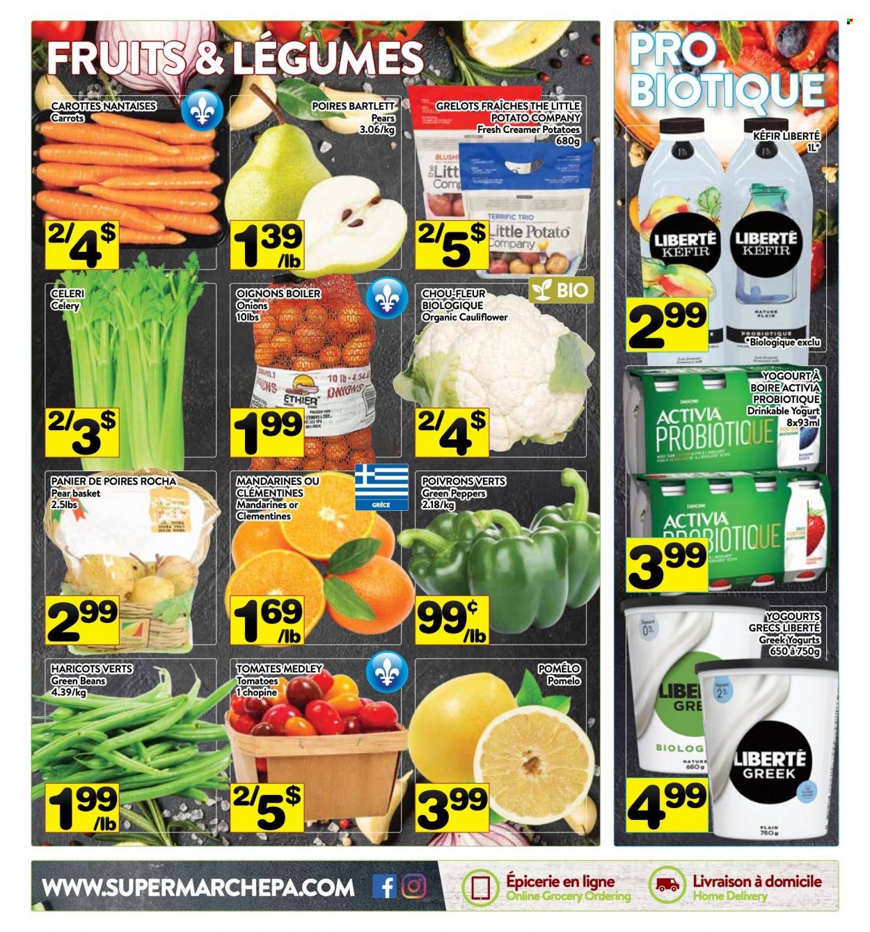thumbnail - PA Supermarché Flyer - January 03, 2022 - January 09, 2022 - Sales products - beans, carrots, cauliflower, celery, green beans, tomatoes, potatoes, onion, peppers, Bartlett pears, clementines, mandarines, pears, pomelo, yoghurt, Activia, kefir. Page 8.