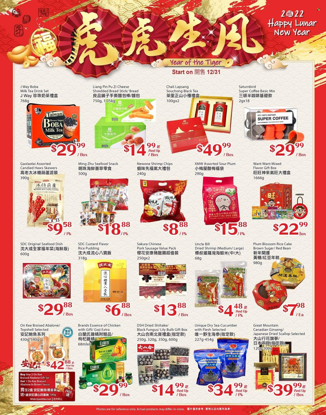 thumbnail - T&T Supermarket Flyer - Sales products - bread, scallops, seafood, shrimps, sauce, sausage, pork sausage, cheese, custard, rice pudding, milk, Blossom, strips, gift set, snack, cane sugar, brown sauce, tea, coffee, pin, gift box, bulb, ginseng, Essence of Chicken, chips. Page 1.