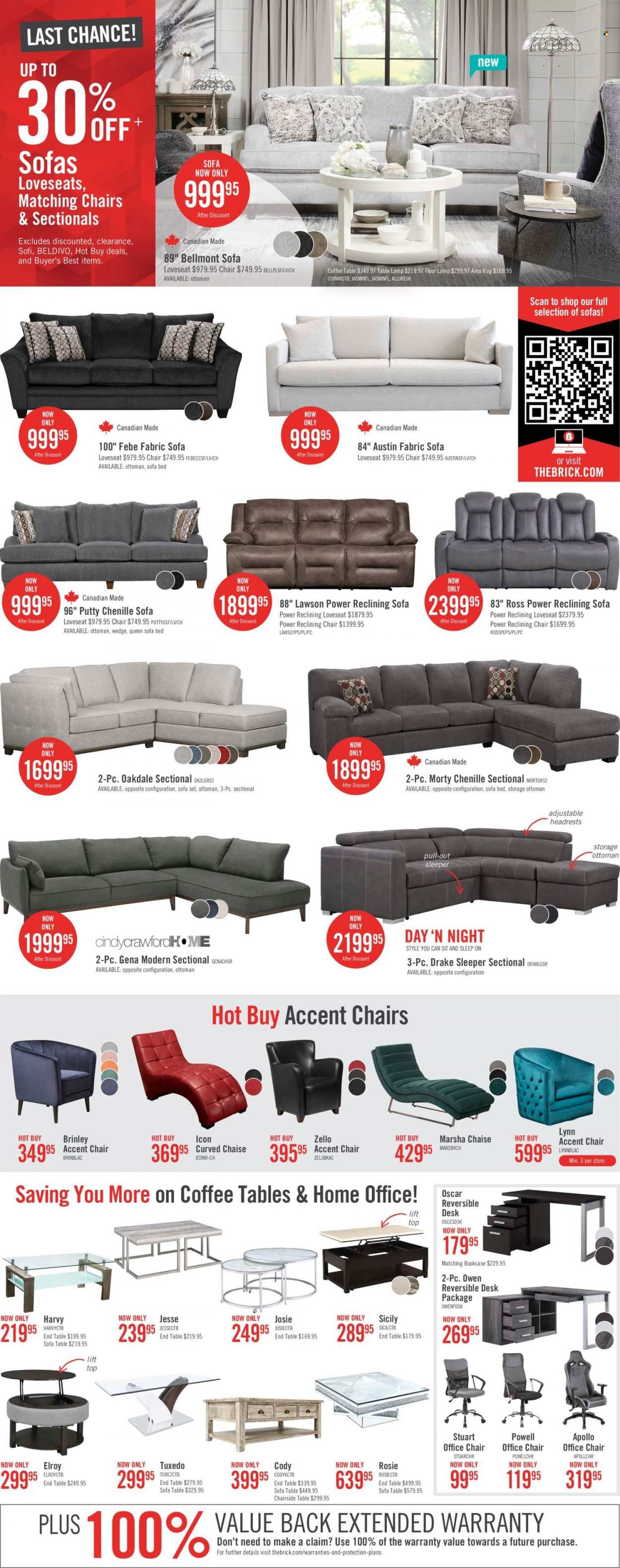 thumbnail - The Brick Flyer - December 31, 2021 - January 03, 2022 - Sales products - chair, accent chair, loveseat, sofa, sofa bed, coffee table, end table, ottoman, bed, desk, office chair, lamp, table lamp, floor lamp, rug, area rug. Page 4.