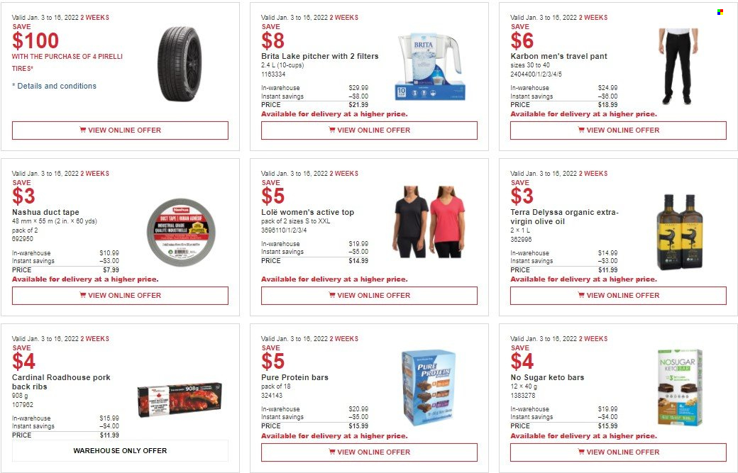 thumbnail - Costco Flyer - January 03, 2022 - January 16, 2022 - Sales products - protein bar, olive oil, oil, pork meat, pork ribs, pork back ribs, pitcher, cup, tires. Page 1.