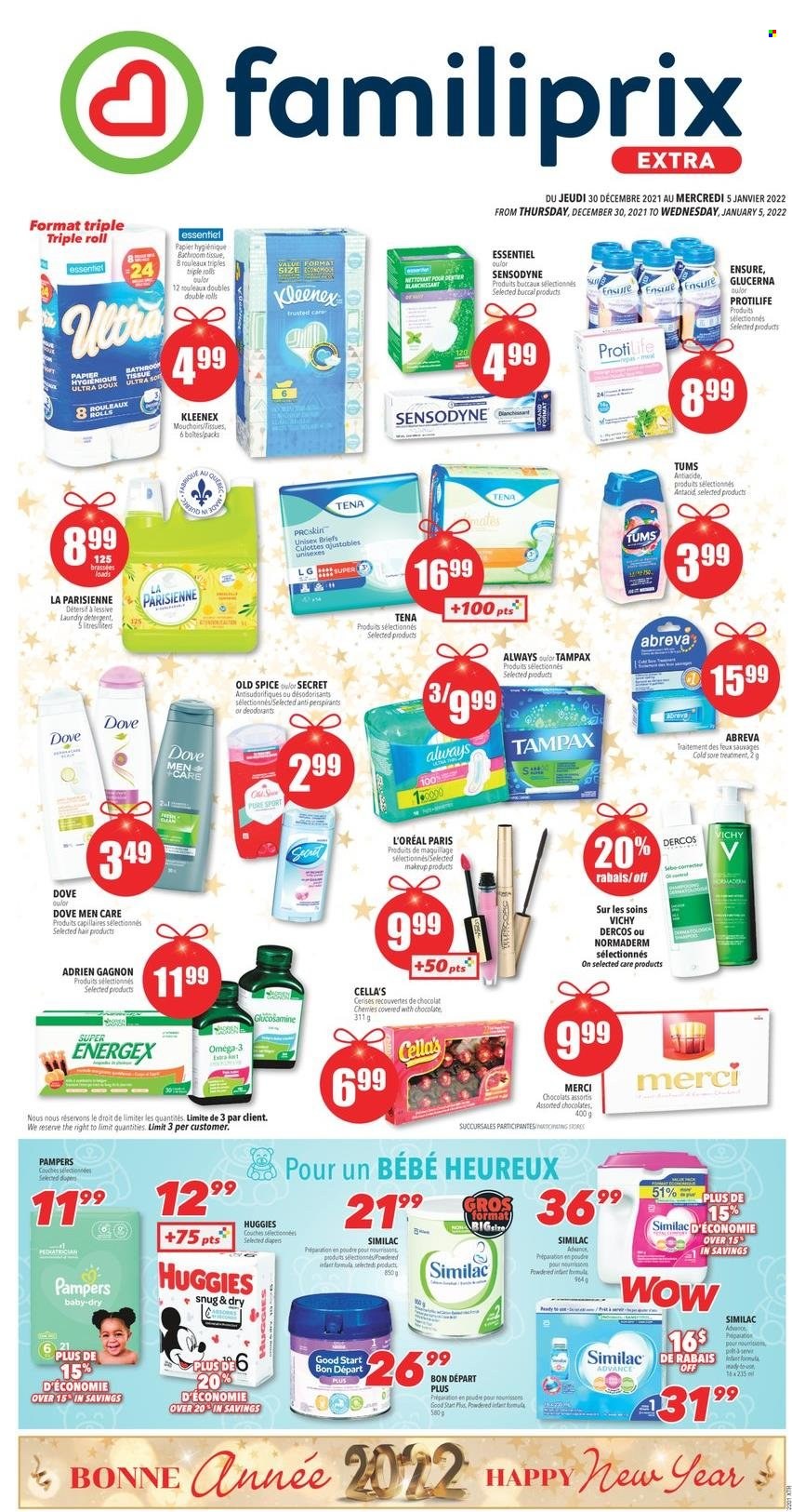 thumbnail - Familiprix Extra Flyer - December 30, 2021 - January 05, 2022 - Sales products - chocolate, Merci, spice, Kleenex, tissues, laundry detergent, Vichy, Abreva, L’Oréal, glucosamine, Omega-3, Glucerna, detergent, Dove, Tampax, Huggies, Pampers, Old Spice, Sensodyne, deodorant. Page 1.