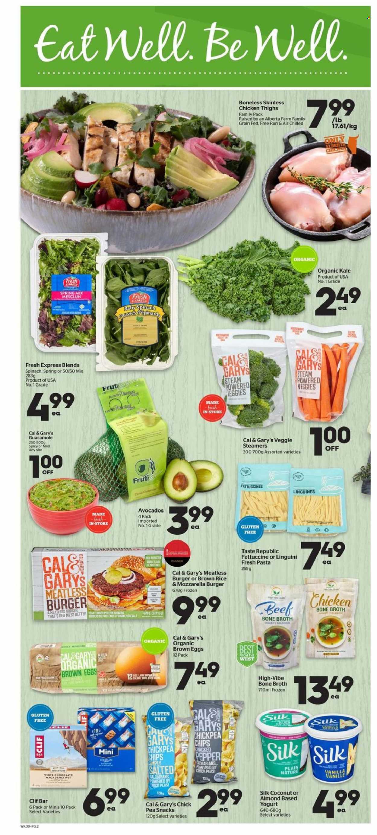 thumbnail - Calgary Co-op Flyer - January 03, 2022 - January 12, 2022 - Sales products - spinach, kale, peas, mesclun, coconut, hamburger, guacamole, yoghurt, Silk, eggs, white chocolate, chocolate, snack, broth, brown rice, rice, chicken thighs, chicken, mozzarella. Page 2.