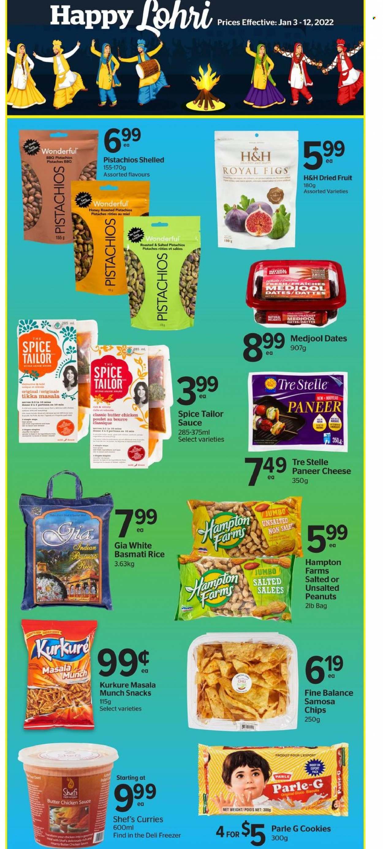 thumbnail - Calgary Co-op Flyer - January 03, 2022 - January 12, 2022 - Sales products - figs, sauce, Tikka Masala, paneer, cheese, cookies, snack, Parle, basmati rice, rice, spice, honey, peanuts, dried fruit, pistachios, dried dates, chips. Page 8.