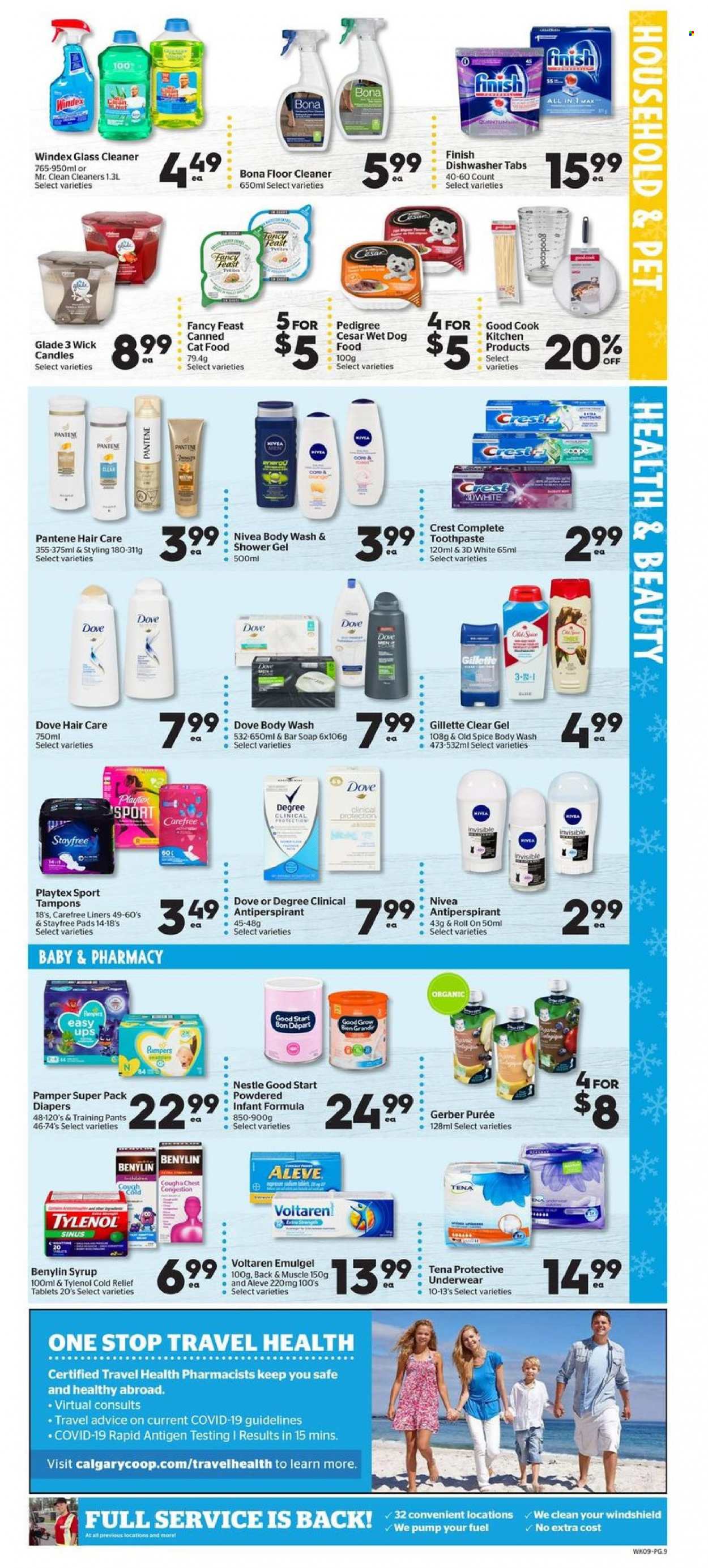 thumbnail - Calgary Co-op Flyer - January 03, 2022 - January 12, 2022 - Sales products - Gerber, spice, syrup, pants, nappies, baby pants, Windex, cleaner, floor cleaner, glass cleaner, body wash, shower gel, soap bar, soap, toothpaste, Crest, Stayfree, Playtex, Carefree, tampons, anti-perspirant, roll-on, Aleve, Tylenol, Benylin, Nestlé, Dove, Gillette, Pampers, Pantene, Nivea, Old Spice. Page 10.