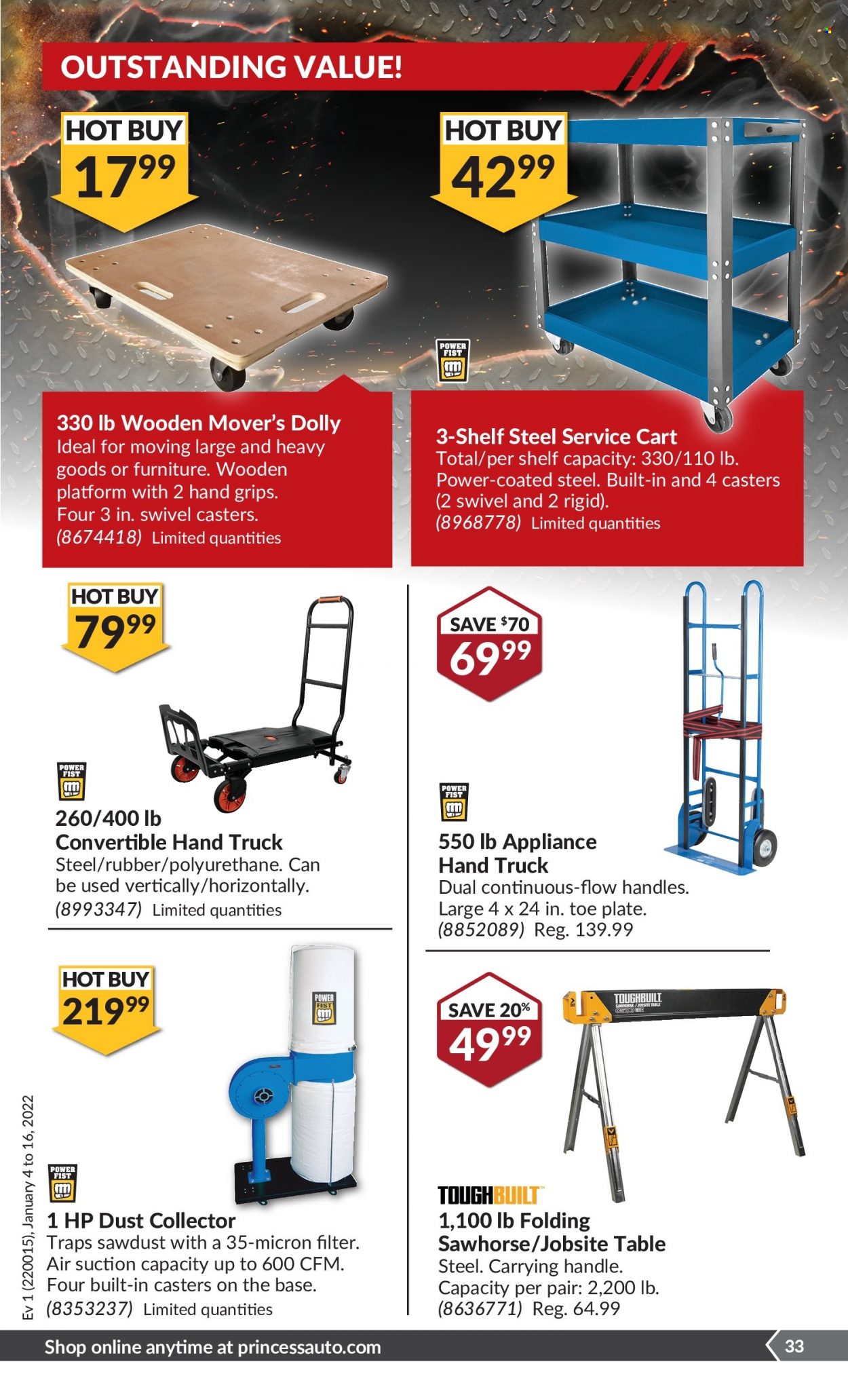 thumbnail - Princess Auto Flyer - January 04, 2022 - January 16, 2022 - Sales products - cart, table, hand truck. Page 34.
