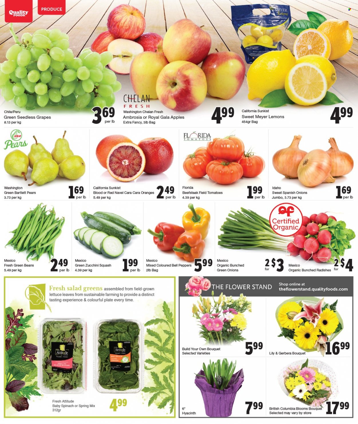 thumbnail - Quality Foods Flyer - January 03, 2022 - January 09, 2022 - Sales products - beans, bell peppers, green beans, radishes, tomatoes, zucchini, lettuce, salad, peppers, green onion, apples, Bartlett pears, Gala, grapes, seedless grapes, pears, lemons, plate, salad greens, oranges. Page 2.
