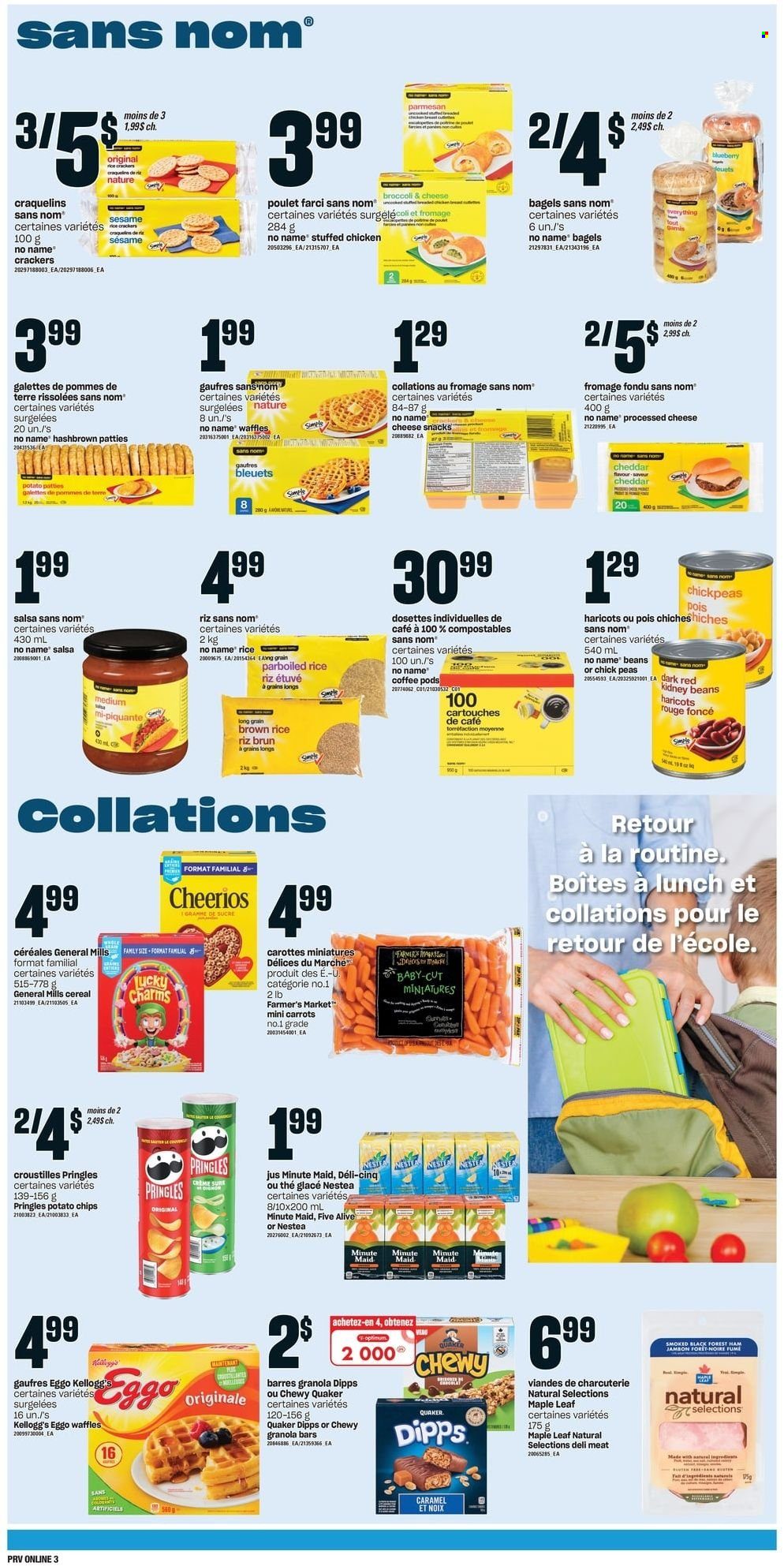thumbnail - Provigo Flyer - January 06, 2022 - January 12, 2022 - Sales products - bagels, waffles, peas, No Name, Quaker, stuffed chicken, ham, parmesan, snack, crackers, Kellogg's, potato chips, Pringles, rice crackers, kidney beans, cereals, Cheerios, granola bar, brown rice, chickpeas, parboiled rice, caramel, salsa, fruit punch, coffee pods, chips. Page 7.