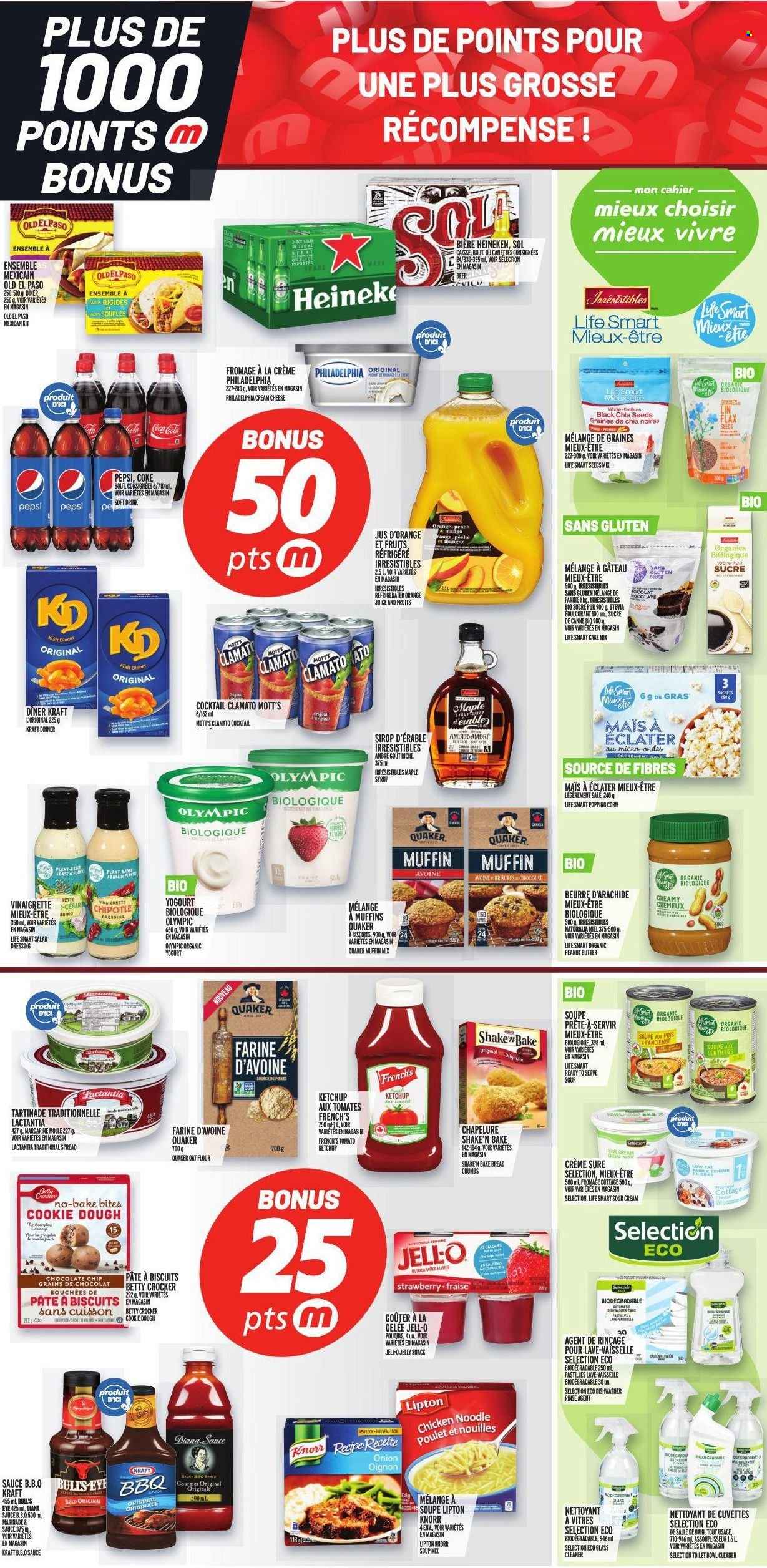 thumbnail - Metro Flyer - January 06, 2022 - January 12, 2022 - Sales products - Old El Paso, tacos, cake mix, muffin mix, corn, Mott's, soup mix, soup, Quaker, noodles, Kraft®, cream cheese, yoghurt, organic yoghurt, shake, margarine, sour cream, cookie dough, chocolate chips, snack, jelly, biscuit, pastilles, oats, Jell-O, stevia, chia seeds, BBQ sauce, salad dressing, vinaigrette dressing, dressing, marinade, maple syrup, peanut butter, syrup, Coca-Cola, Pepsi, orange juice, juice, Clamato, soft drink, beer, Heineken, cleaner, glass cleaner, Sure, Knorr, ketchup, Philadelphia, Lipton. Page 2.