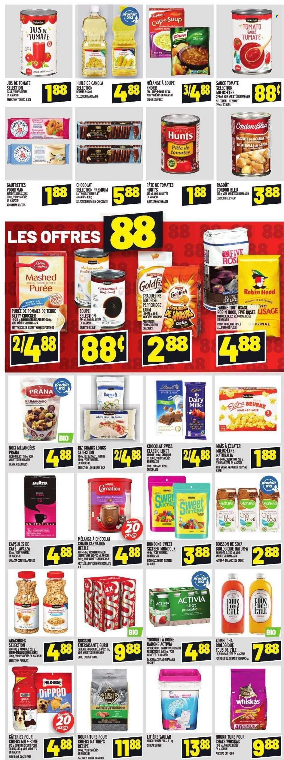 thumbnail - Metro Flyer - January 06, 2022 - January 12, 2022 - Sales products - corn, mashed potatoes, meatballs, soup, noodles, yoghurt, Activia, butter, marshmallows, milk chocolate, wafers, crackers, biscuit, Cadbury, Dairy Milk, Goldfish, all purpose flour, flour, oats, tomato paste, tomato sauce, basmati rice, rice, white rice, long grain rice, canola oil, oil, peanuts, mixed nuts, energy drink, kombucha, hot chocolate, coffee, coffee capsules, Lavazza, cup, animal food, cat food, dog food, Knorr, Danone, Nestlé, Lipton, Whiskas, Lindt, Lindor, cordon bleu, nougat. Page 10.