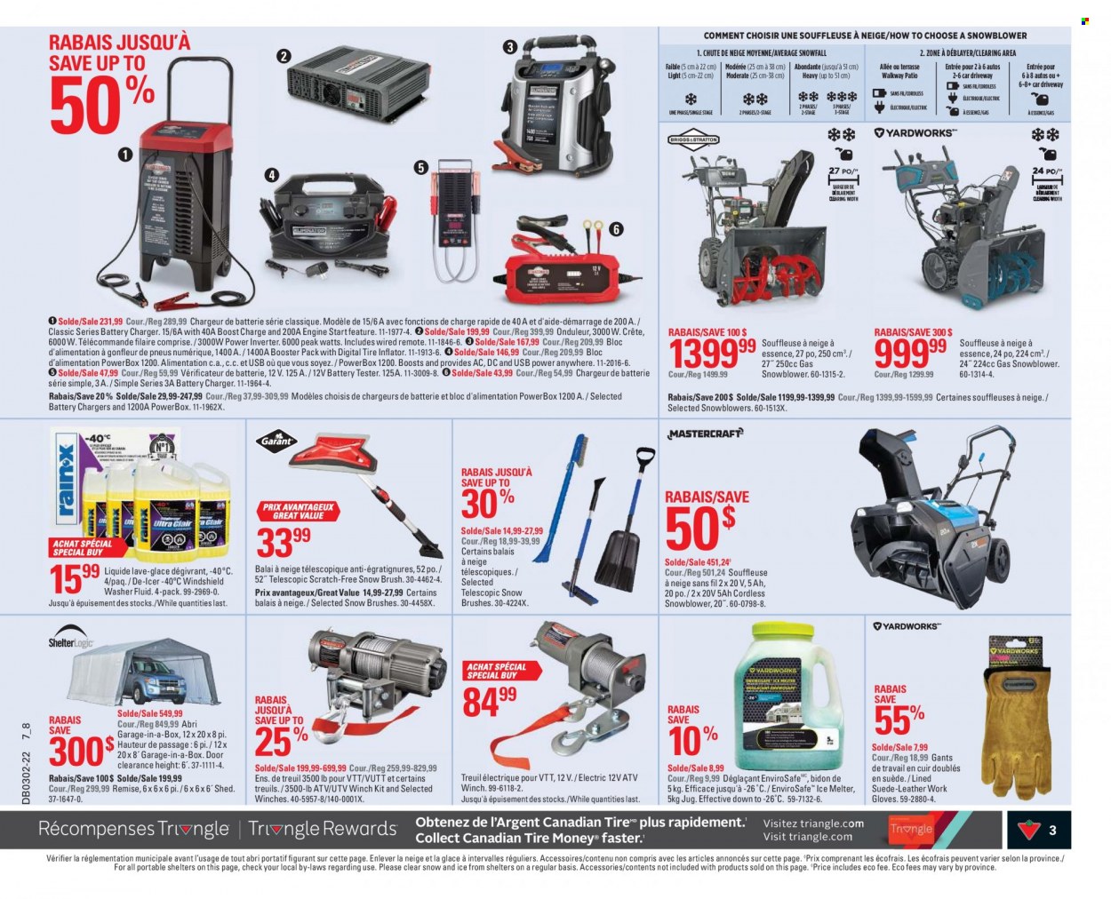 thumbnail - Canadian Tire Flyer - January 06, 2022 - January 12, 2022 - Sales products - battery charger, washing machine, inflator, snow blower, work gloves, power inverter, shed, tire inflator, ice melter, washer fluid. Page 3.