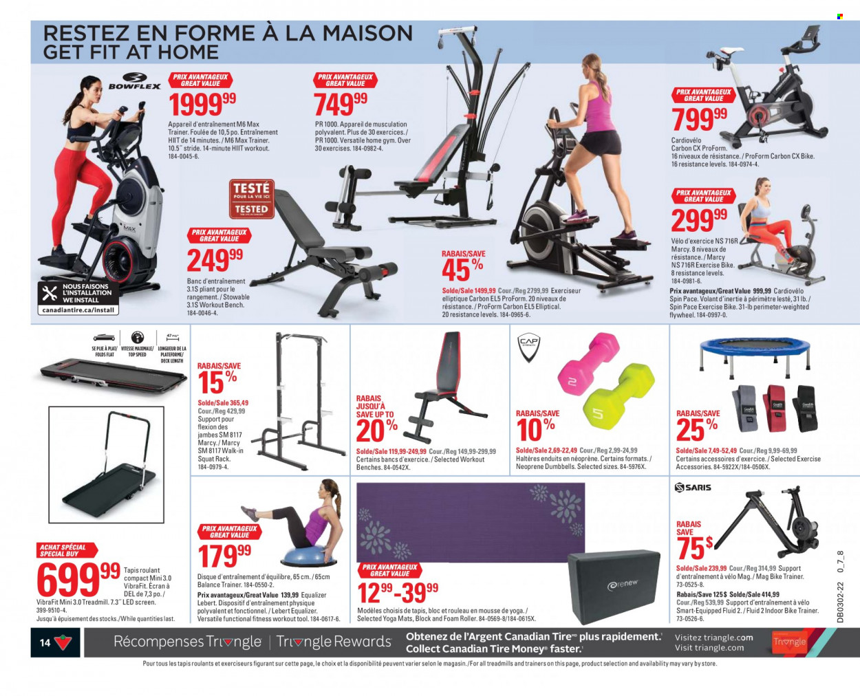 thumbnail - Canadian Tire Flyer - January 06, 2022 - January 12, 2022 - Sales products - roller, bench, trainers, treadmill, ProForm, squat rack, yoga mat, neoprene. Page 14.