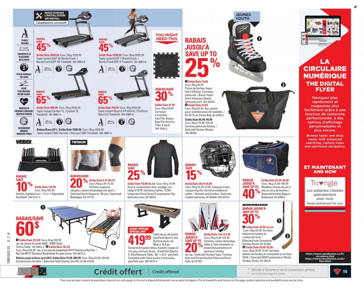 thumbnail - Canadian Tire Flyer - January 06, 2022 - January 12, 2022 - Sales products - bag, gloves, cooler bag, table, trainers, basketball, treadmill, ProForm, dumbbell, table tennis table, hockey skates, skates, backpack. Page 15.