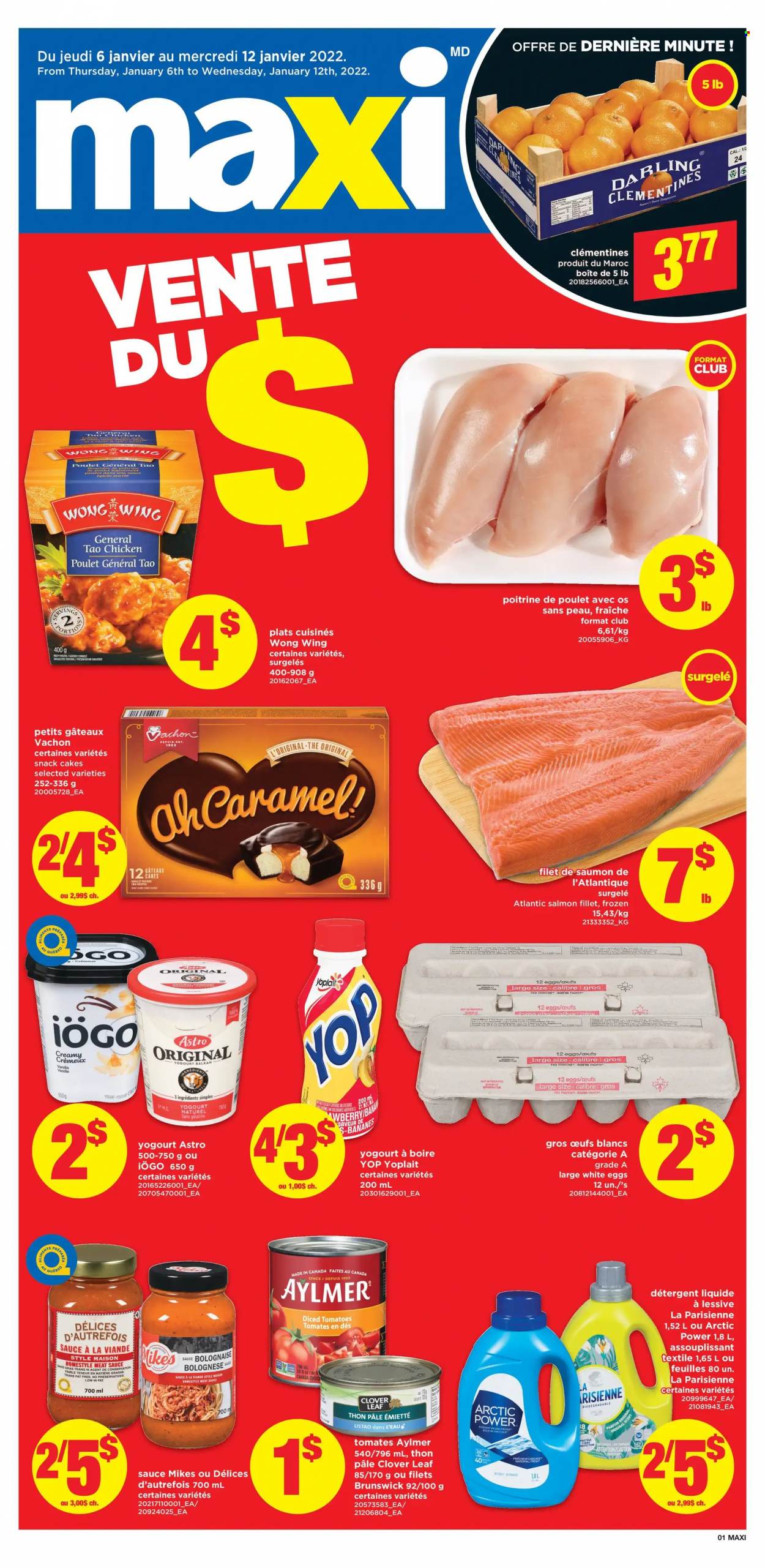 thumbnail - Maxi Flyer - January 06, 2022 - January 12, 2022 - Sales products - cake, tomatoes, clementines, salmon, salmon fillet, No Name, Clover, Yoplait, eggs, snack, Cascade, detergent. Page 1.