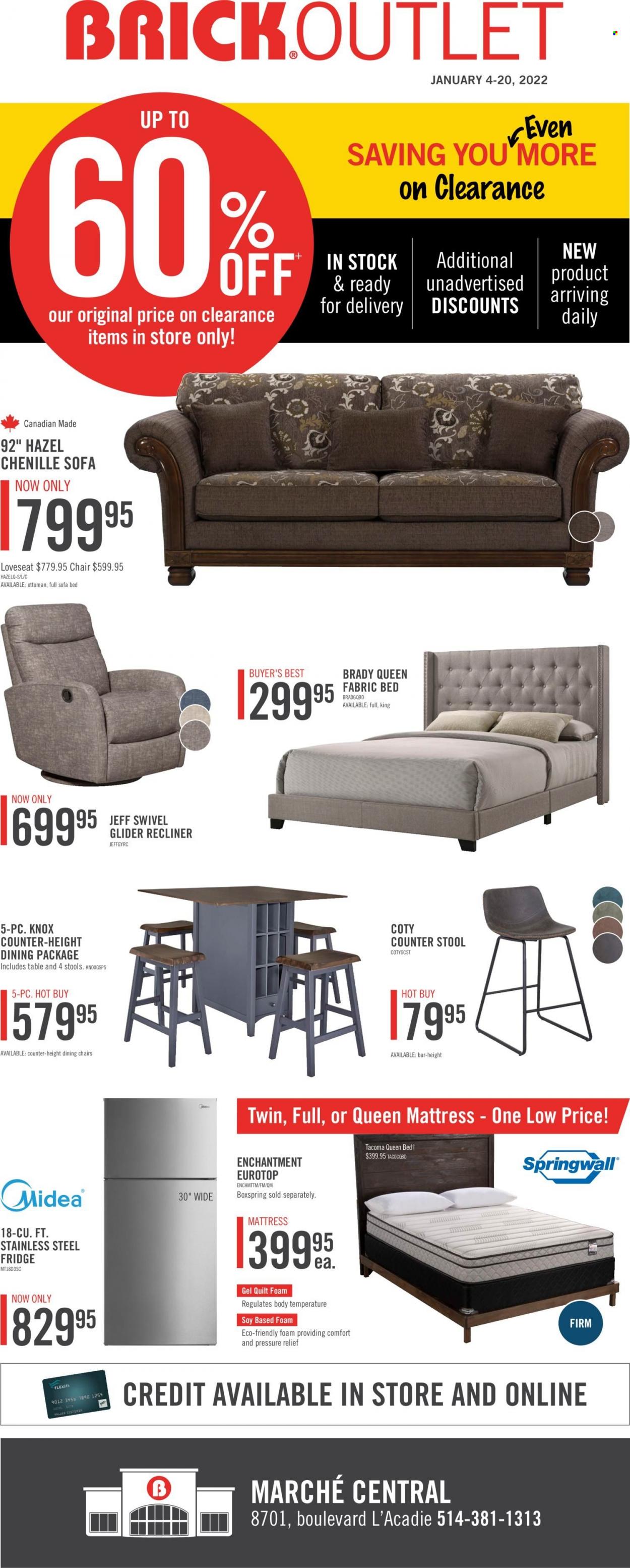thumbnail - The Brick Flyer - January 04, 2022 - January 20, 2022 - Sales products - refrigerator, fridge, stool, chair, loveseat, sofa, recliner chair, sofa bed, ottoman, bed, mattress. Page 1.