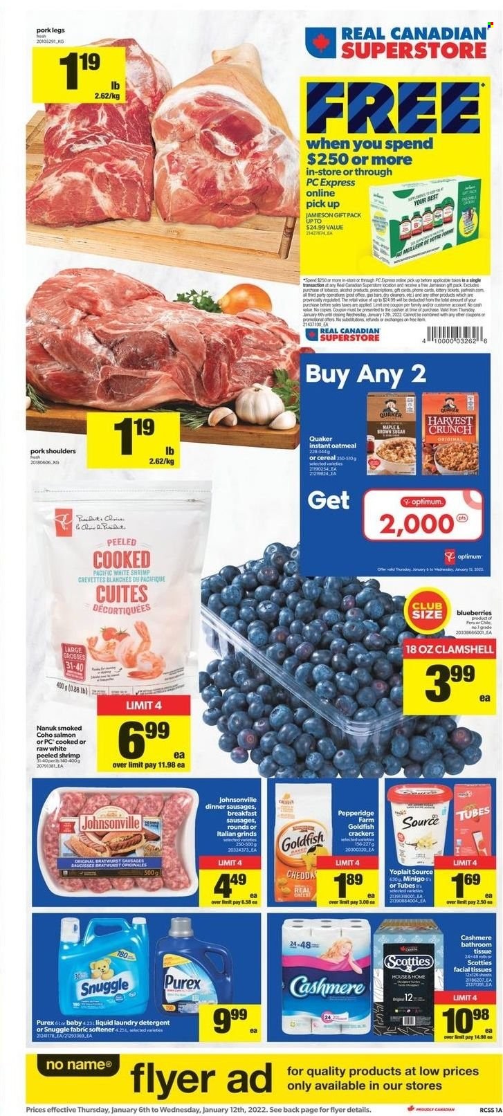 thumbnail - Real Canadian Superstore Flyer - January 06, 2022 - January 12, 2022 - Sales products - blueberries, salmon, No Name, Quaker, Johnsonville, sausage, Yoplait, crackers, Goldfish, oatmeal, alcohol, bath tissue, Snuggle, fabric softener, laundry detergent, Purex, facial tissues, Optimum, detergent. Page 1.
