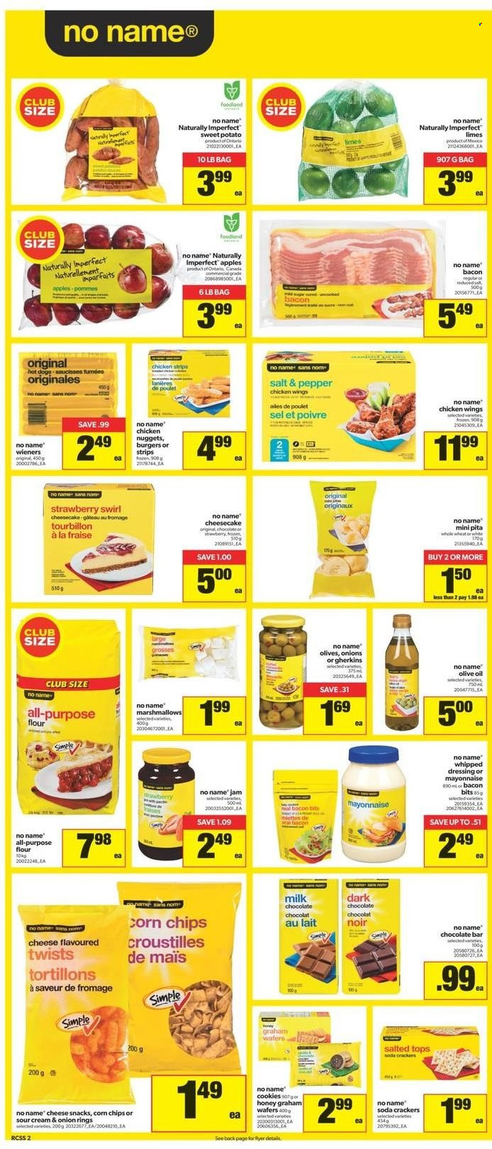 thumbnail - Real Canadian Superstore Flyer - January 06, 2022 - January 12, 2022 - Sales products - pita, cheesecake, sweet potato, apples, limes, No Name, hot dog, onion rings, nuggets, hamburger, chicken nuggets, bacon bits, mayonnaise, chicken wings, strips, chicken strips, cookies, marshmallows, milk chocolate, wafers, snack, crackers, chocolate bar, corn chips, flour, dressing, olive oil, oil, honey, fruit jam, soda, olives. Page 2.
