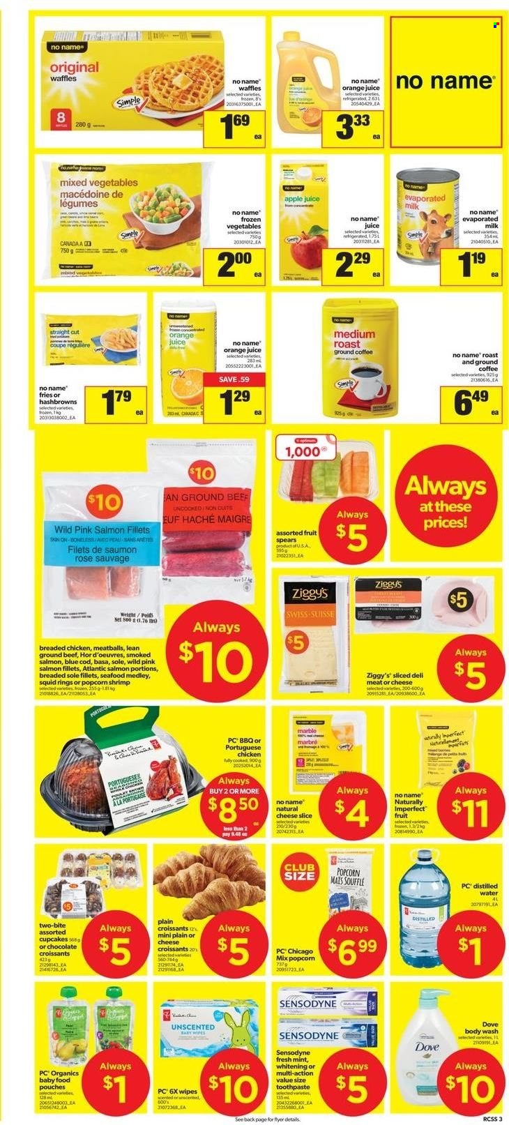 thumbnail - Real Canadian Superstore Flyer - January 06, 2022 - January 12, 2022 - Sales products - croissant, cupcake, waffles, cod, salmon, salmon fillet, smoked salmon, squid, seafood, shrimps, squid rings, No Name, meatballs, fried chicken, evaporated milk, mixed vegetables, hash browns, potato fries, chocolate, apple juice, orange juice, juice, coffee, ground coffee, wine, rosé wine, port wine, Ron Pelicano, beef meat, ground beef, wipes, body wash, toothpaste, rose, Dove, Sensodyne. Page 3.