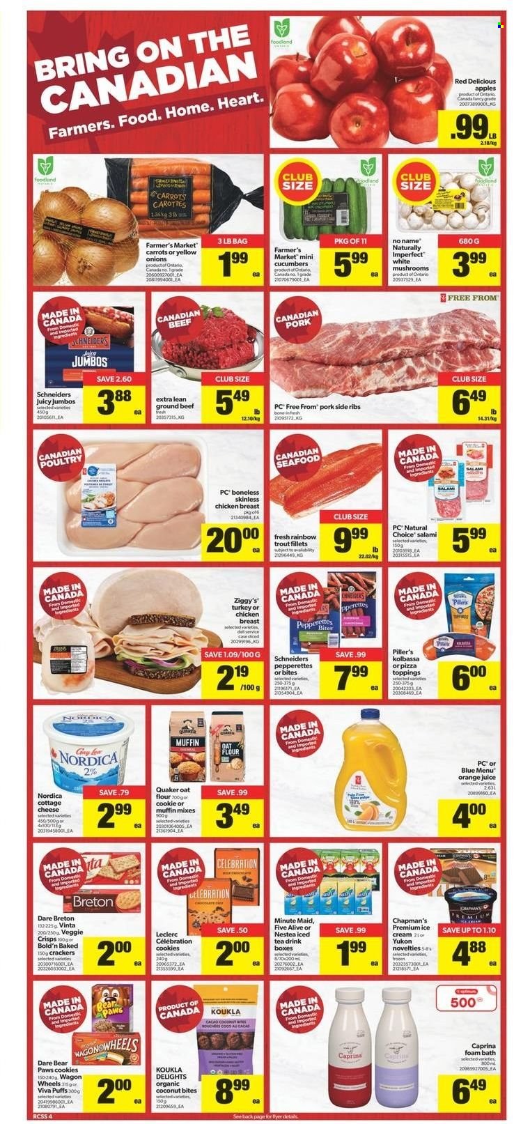 thumbnail - Real Canadian Superstore Flyer - January 06, 2022 - January 12, 2022 - Sales products - puffs, muffin, onion, apples, Red Delicious apples, coconut, trout, No Name, pizza, Quaker, salami, cottage cheese, cookies, Celebration, crackers, flour, oats, orange juice, juice, ice tea, fruit punch, chicken breasts, chicken, beef meat, ground beef, bath foam, Paws, wagon. Page 4.