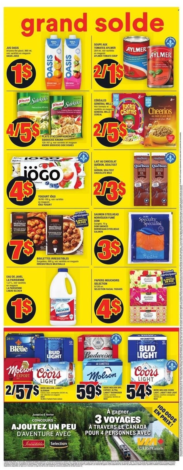 thumbnail - Super C Flyer - January 06, 2022 - January 12, 2022 - Sales products - salmon, tomato soup, meatballs, soup, yoghurt, milk, milk chocolate, chocolate, cereals, Cheerios, juice, AriZona, beer, Bud Light, tissues, bleach, facial tissues, Knorr, Budweiser, Coors. Page 2.