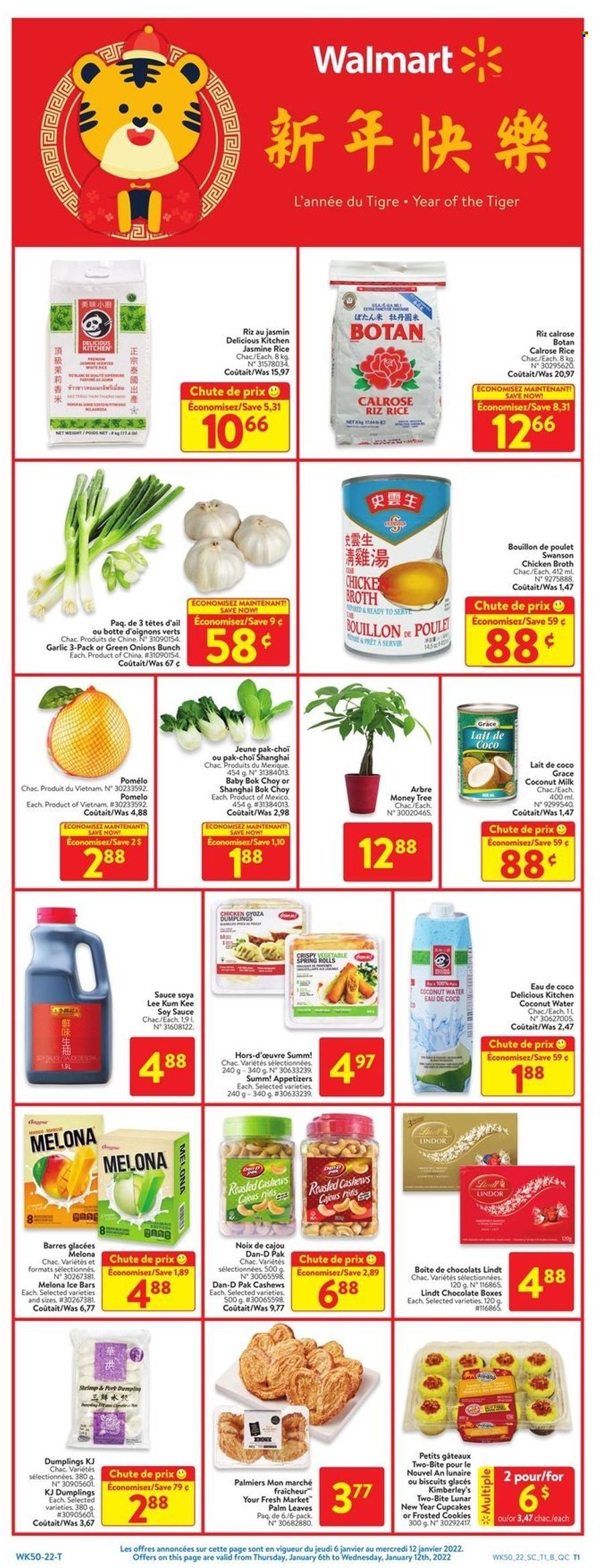 thumbnail - Walmart Flyer - January 06, 2022 - January 12, 2022 - Sales products - cupcake, bok choy, garlic, green onion, pomelo, sauce, dumplings, cookies, chocolate, biscuit, bouillon, chicken broth, broth, coconut milk, Dan-D Pak, rice, jasmine rice, soy sauce, Lee Kum Kee, cashews, coconut water, Lindt, Lindor. Page 3.