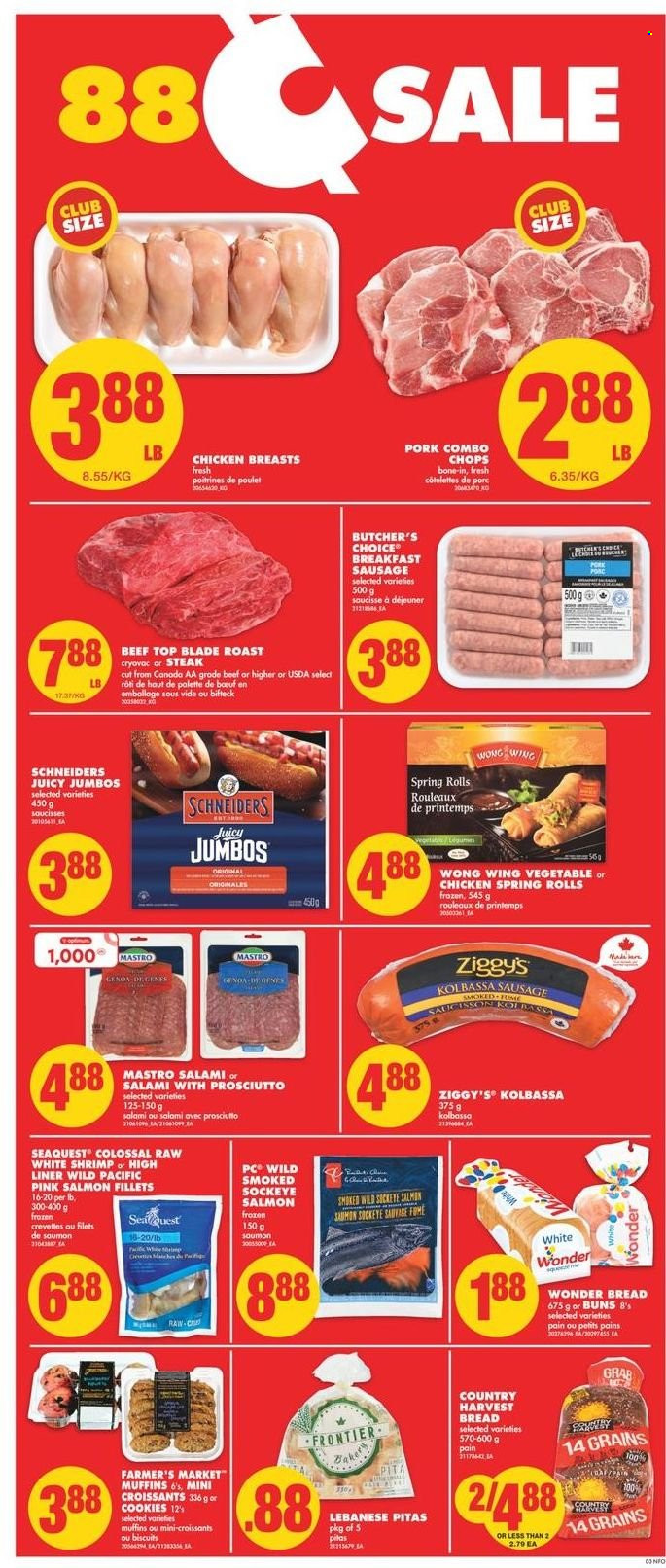 thumbnail - No Frills Flyer - January 06, 2022 - January 12, 2022 - Sales products - bread, pita, buns, muffin, salmon, salmon fillet, shrimps, spring rolls, salami, prosciutto, sausage, Country Harvest, cookies, biscuit, chicken breasts, beef meat, top blade, steak. Page 4.