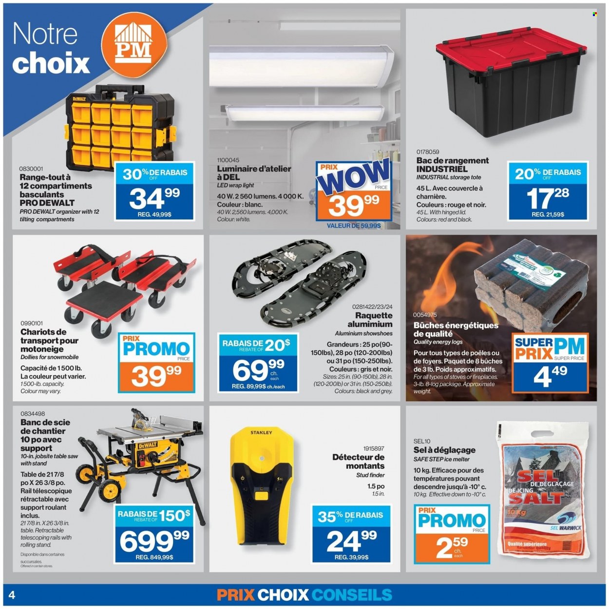 thumbnail - Patrick Morin Flyer - January 06, 2022 - January 19, 2022 - Sales products - lid, table, Stanley, fireplace, DeWALT, saw, table saw, storage tote, ice melter. Page 4.