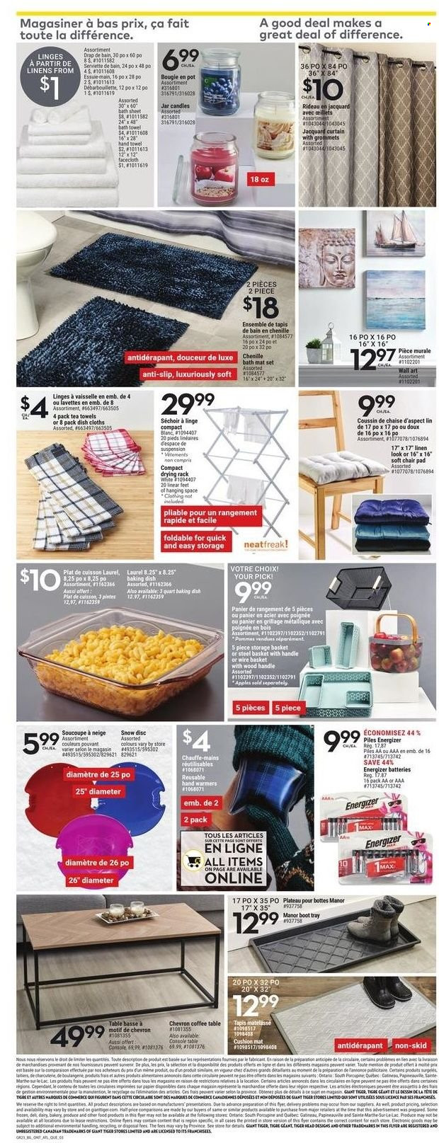thumbnail - Giant Tiger Flyer - January 05, 2022 - January 11, 2022 - Sales products - apples, tea, basket, storage basket, drying rack, tray, pot, jar, candle, battery, chair pad, tea towels, cushion, linens, curtain, bath mat, bath towel, dish towel, towel, hand towel, facecloth, table, chair, coffee table, Energizer. Page 7.