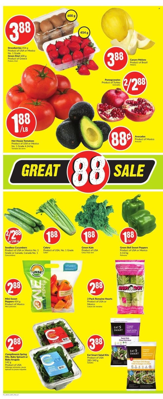 thumbnail - FreshCo. Flyer - January 06, 2022 - January 12, 2022 - Sales products - arugula, celery, cucumber, spinach, sweet peppers, tomatoes, kale, salad, peppers, avocado, mango, strawberries, melons, pomegranate, kiwi. Page 3.