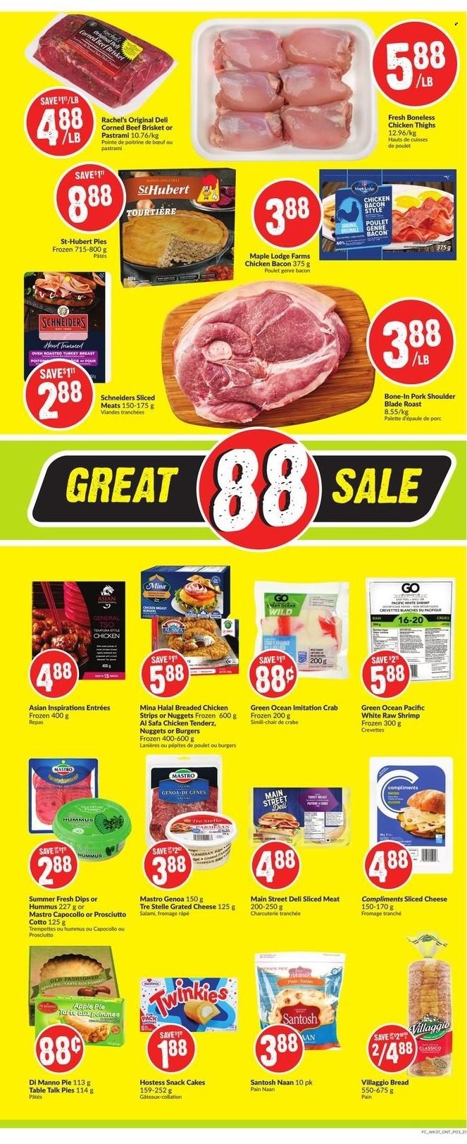 thumbnail - FreshCo. Flyer - January 06, 2022 - January 12, 2022 - Sales products - bread, cake, pie, apple pie, crab, shrimps, nuggets, fried chicken, bacon, salami, pastrami, hummus, corned beef, sliced cheese, cheese, grated cheese, strips, chicken strips, snack, Classico, chicken thighs, chicken, beef meat, beef brisket, pork meat, pork shoulder. Page 4.