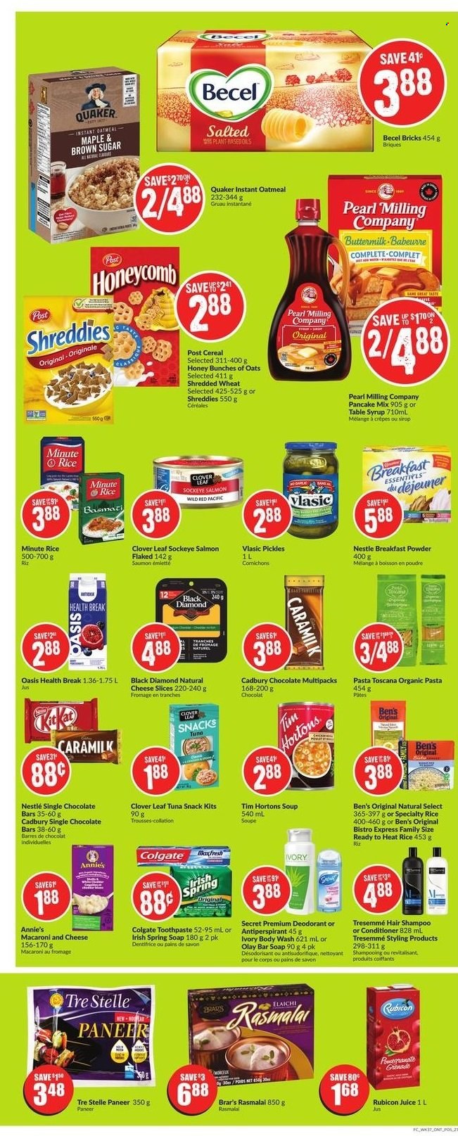 thumbnail - Chalo! FreshCo. Flyer - January 06, 2022 - January 12, 2022 - Sales products - salmon, tuna, macaroni & cheese, soup, pasta, pancakes, Quaker, Annie's, sliced cheese, paneer, Clover, buttermilk, snack, Cadbury, chocolate bar, oatmeal, pickles, cereals, basmati rice, rice, syrup, juice, Nestlé, Colgate, shampoo, deodorant. Page 5.