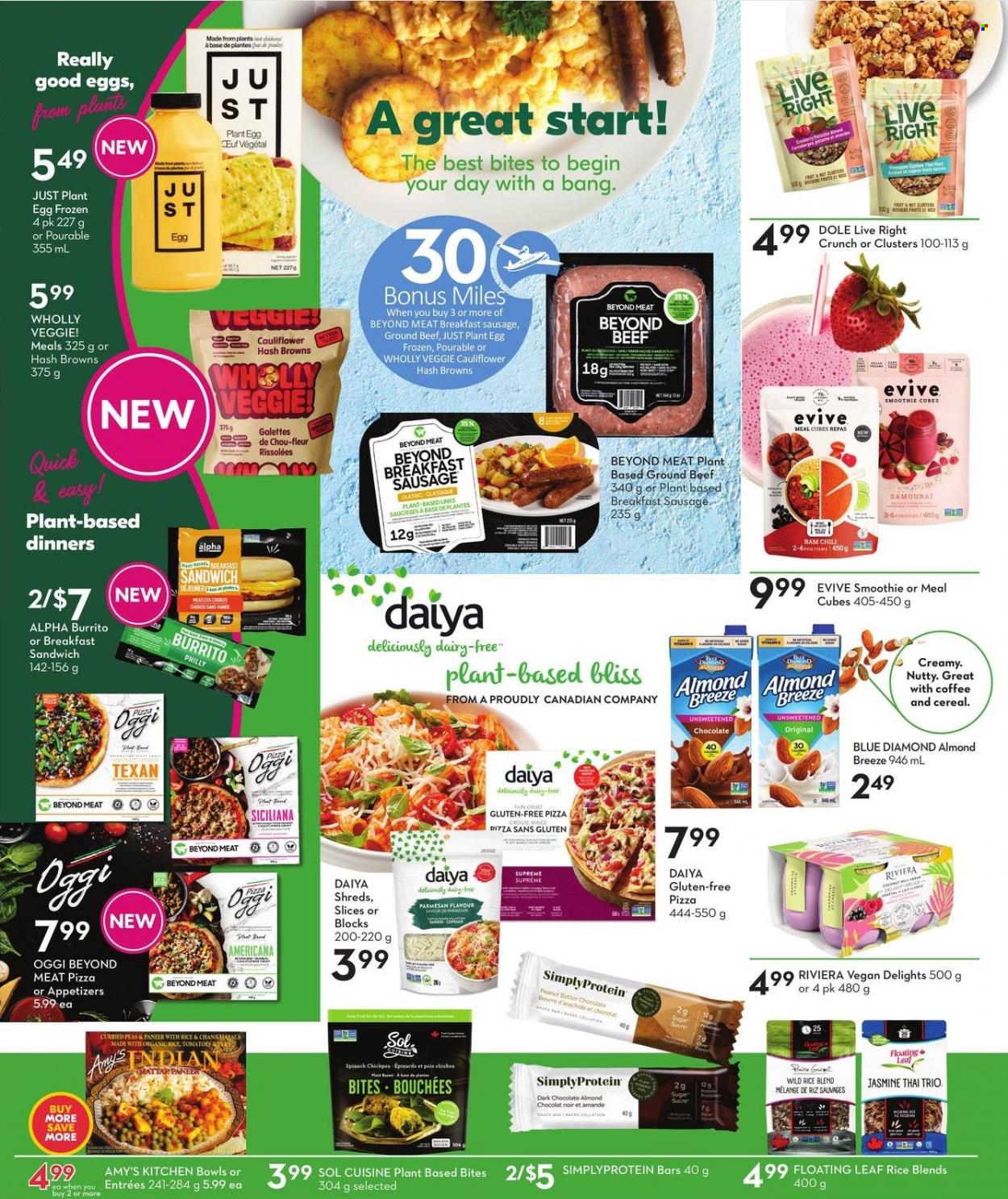 thumbnail - Sobeys Flyer - January 06, 2022 - February 09, 2022 - Sales products - Dole, pizza, burrito, sausage, paneer, parmesan, Almond Breeze, eggs, hash browns, chocolate, dark chocolate, sugar, cereals, peanut butter, Blue Diamond, smoothie, coffee, Sol, beef meat, ground beef. Page 2.