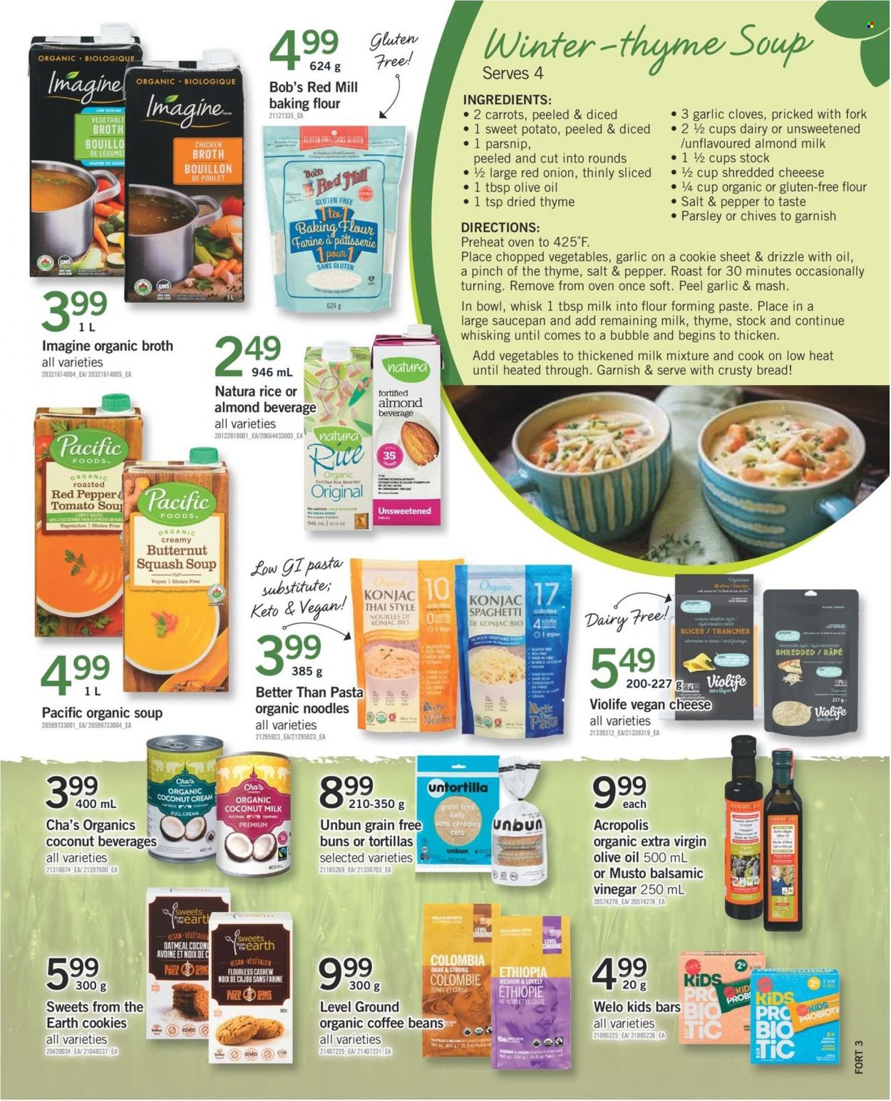 thumbnail - Fortinos Flyer - January 06, 2022 - January 12, 2022 - Sales products - tortillas, buns, butternut squash, sweet potato, parsley, parsnips, chives, spaghetti, tomato soup, soup, pasta, noodles, cheese, almond milk, cookies, bouillon, chicken broth, oatmeal, broth, coconut milk, cloves, balsamic vinegar, extra virgin olive oil, vinegar, coffee beans, organic coffee, fork, saucepan, bowl. Page 13.