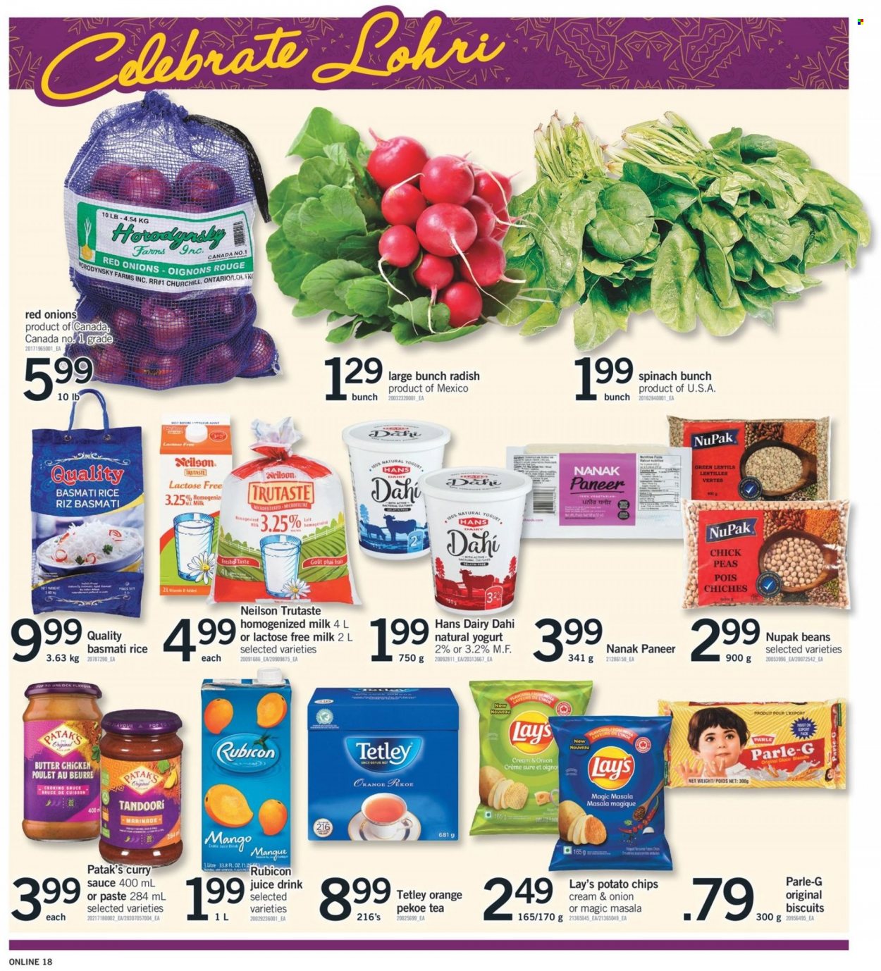 thumbnail - Fortinos Flyer - January 06, 2022 - January 12, 2022 - Sales products - beans, radishes, red onions, spinach, peas, sauce, paneer, yoghurt, milk, lactose free milk, biscuit, Parle, potato chips, Lay’s, lentils, basmati rice, rice, marinade, juice, tea, Sure, chips, oranges. Page 20.