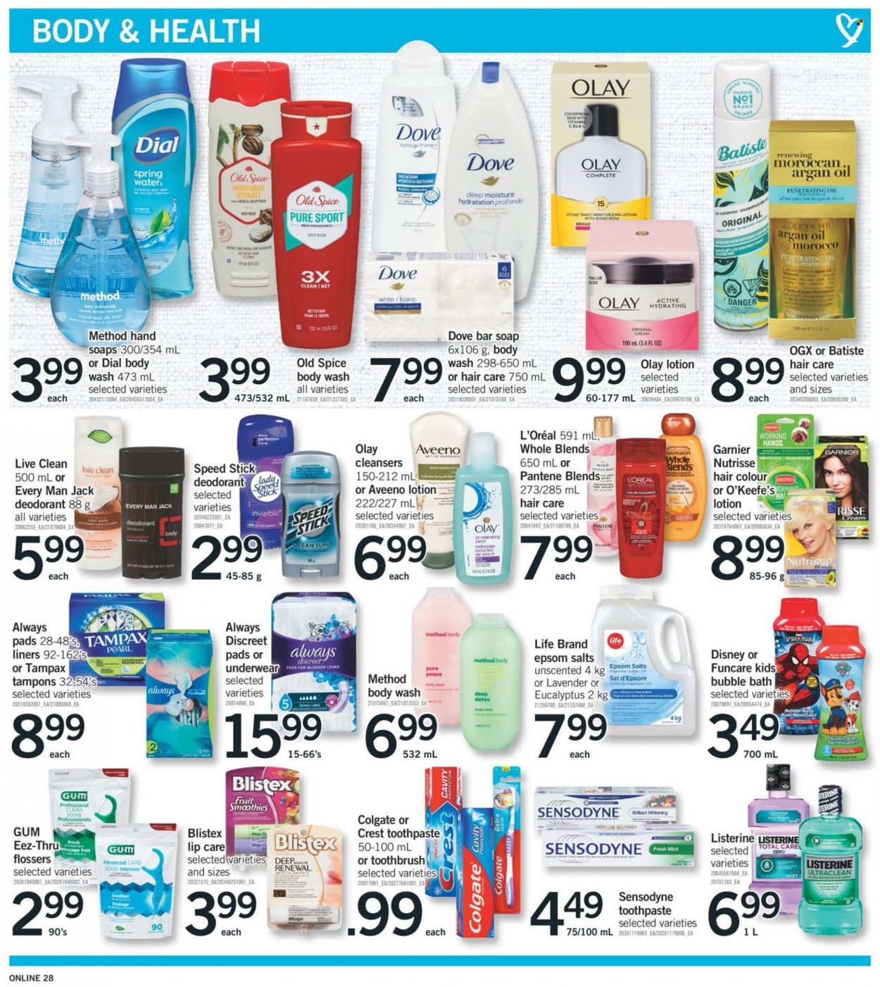 thumbnail - Fortinos Flyer - January 06, 2022 - January 12, 2022 - Sales products - coconut, Disney, spice, honey, Bai, smoothie, spring water, Aveeno, Spiderman, body wash, bubble bath, soap bar, Dial, soap, toothbrush, toothpaste, Crest, Always pads, Always Discreet, tampons, L’Oréal, Olay, OGX, hair color, body lotion, anti-perspirant, Speed Stick, Sure, argan oil, Dove, Colgate, Garnier, Listerine, Tampax, Pantene, Old Spice, Sensodyne, deodorant. Page 27.