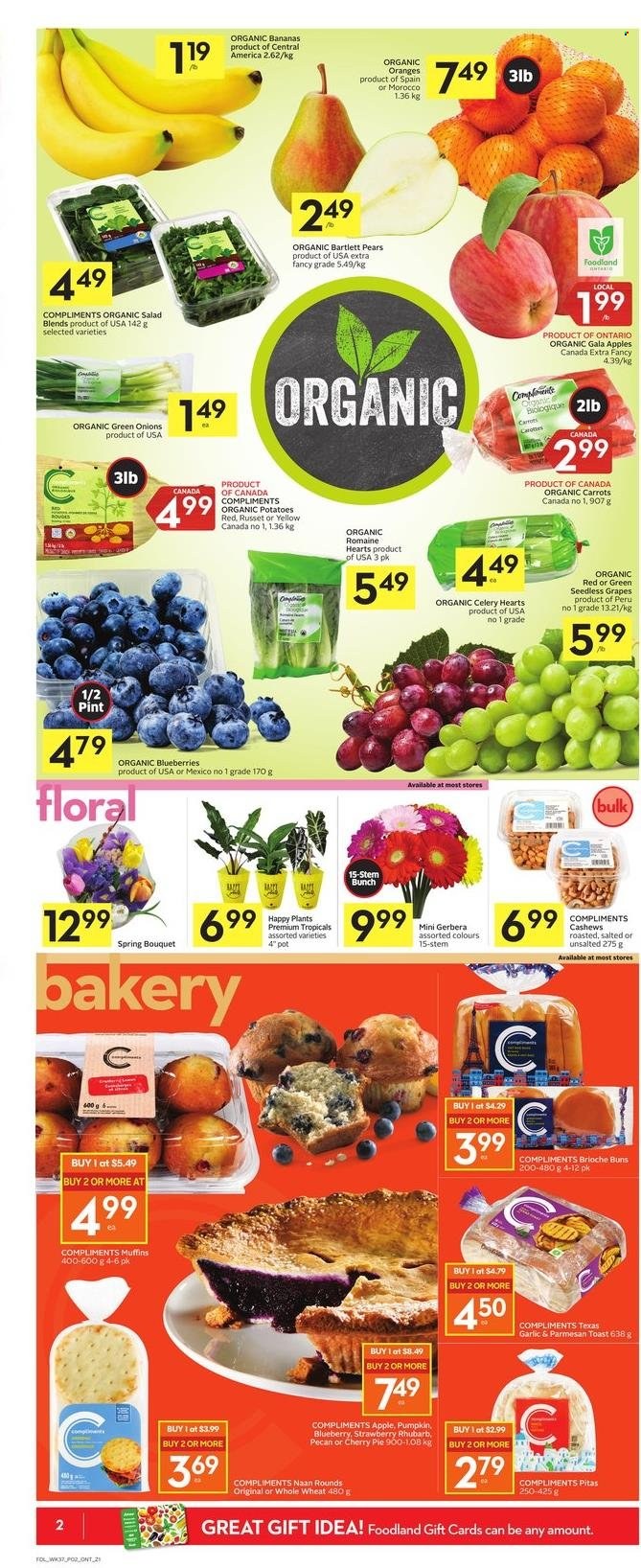 thumbnail - Foodland Flyer - January 06, 2022 - January 12, 2022 - Sales products - pita, pie, buns, brioche, muffin, cherry pie, carrots, celery, russet potatoes, potatoes, salad, green onion, sleeved celery, apples, bananas, Bartlett pears, Gala, grapes, seedless grapes, pears, organic bananas, parmesan, cashews, oranges. Page 4.