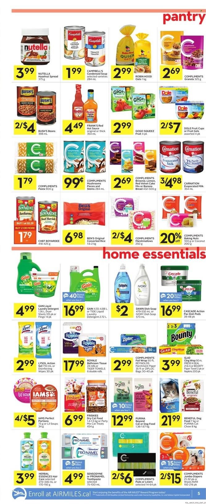 thumbnail - Foodland Flyer - January 06, 2022 - January 12, 2022 - Sales products - mushrooms, bread, brownies, banana bread, cake mix, beans, Dole, fruit cup, Campbell's, condensed soup, soup, pasta, sauce, instant soup, evaporated milk, Bounty, oats, Chef Boyardee, rice, hot sauce, hazelnut spread, detergent, granola, Nutella, Sensodyne. Page 7.