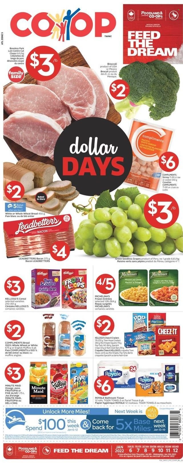 thumbnail - Co-op Flyer - January 06, 2022 - January 12, 2022 - Sales products - english muffins, wheat bread, broccoli, grapes, seedless grapes, macaroni, bacon, crackers, Kellogg's, Pop-Tarts, Cheez-It, cereals, Rice Krispies, Raisin Bran, Nutri-Grain, orange juice, juice, fruit punch, pork loin, pork meat. Page 1.