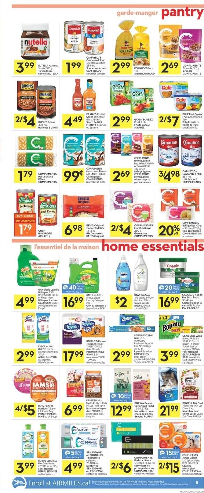 thumbnail - Co-op Flyer - January 06, 2022 - January 12, 2022 - Sales products - mushrooms, bread, brownies, banana bread, cake mix, beans, Dole, fruit cup, Campbell's, ravioli, condensed soup, soup, pasta, sauce, instant soup, evaporated milk, marshmallows, Bounty, oats, Chef Boyardee, rice, hazelnut spread, detergent, granola, Nutella, Sensodyne. Page 7.