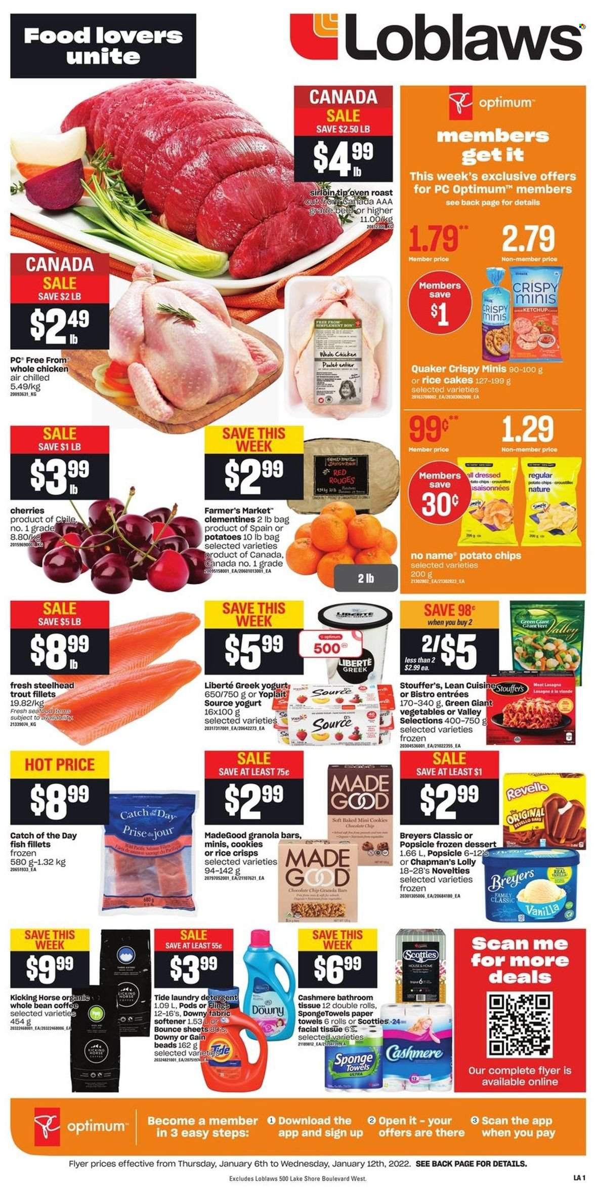 thumbnail - Loblaws Flyer - January 06, 2022 - January 12, 2022 - Sales products - clementines, cherries, fish fillets, trout, fish, No Name, Quaker, lasagna meal, greek yoghurt, yoghurt, Yoplait, Stouffer's, cookies, lollipop, potato chips, rice crisps, granola bar, coffee, whole chicken, chicken, bath tissue, kitchen towels, paper towels, Gain, Tide, fabric softener, laundry detergent, Bounce, Downy Laundry, Optimum, detergent, ketchup. Page 1.