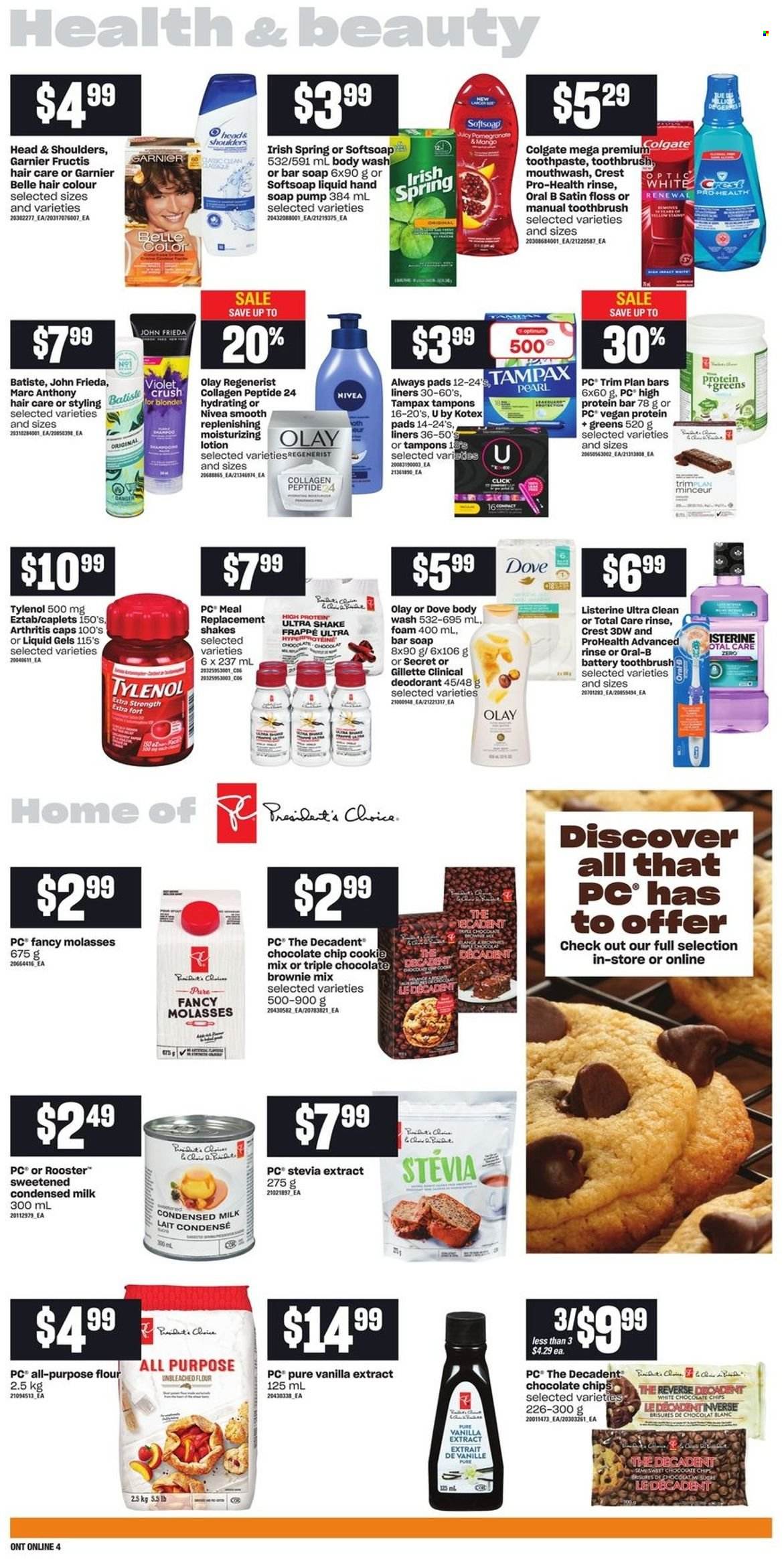 thumbnail - Loblaws Flyer - January 06, 2022 - January 12, 2022 - Sales products - brownie mix, mango, milk, condensed milk, shake, flour, vanilla extract, stevia, protein bar, molasses, body wash, Softsoap, hand soap, soap bar, soap, toothbrush, toothpaste, mouthwash, Crest, Always pads, Kotex, Kotex pads, tampons, Olay, hair color, John Frieda, Fructis, body lotion, anti-perspirant, Optimum, Tylenol, Dove, Colgate, Garnier, Gillette, Listerine, Tampax, Head & Shoulders, Nivea, Oral-B, deodorant. Page 8.