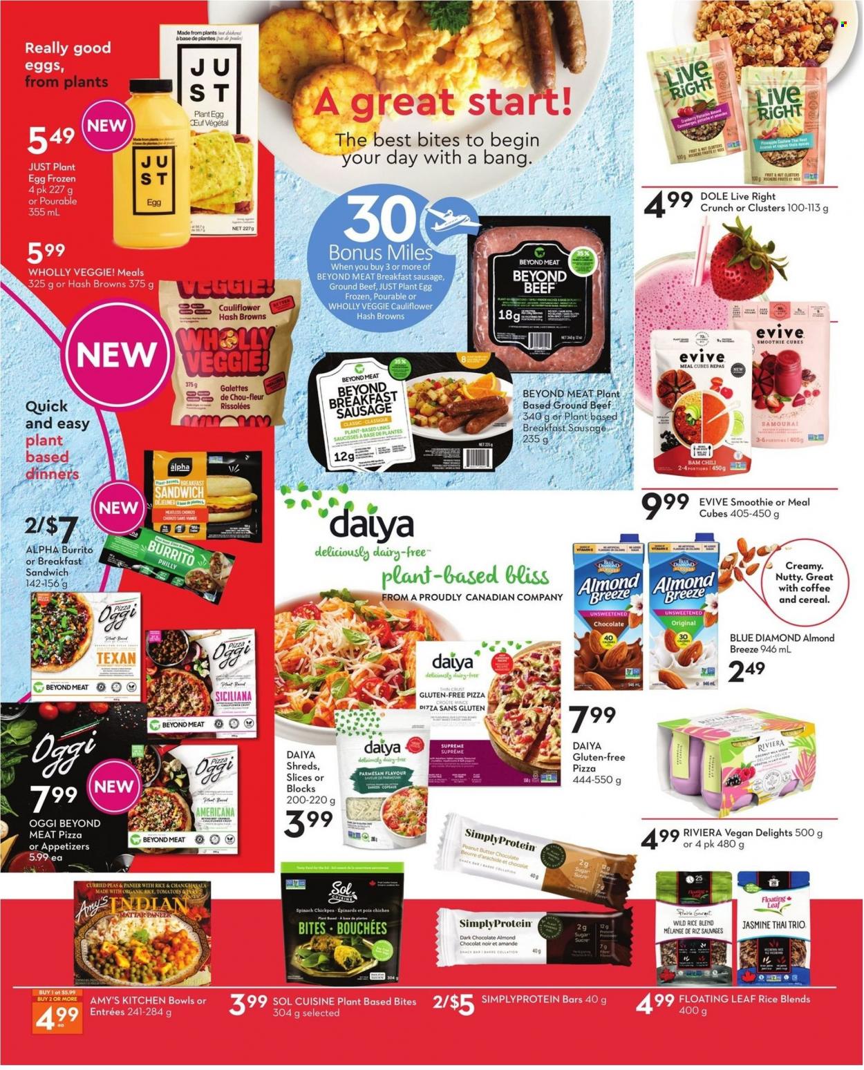 thumbnail - Safeway Flyer - January 06, 2022 - February 09, 2022 - Sales products - Dole, pineapple, coconut, pizza, burrito, sausage, paneer, parmesan, Almond Breeze, eggs, butter, hash browns, chocolate, snack, dark chocolate, cereals, Blue Diamond, smoothie, coffee, Sol, beef meat, ground beef. Page 2.