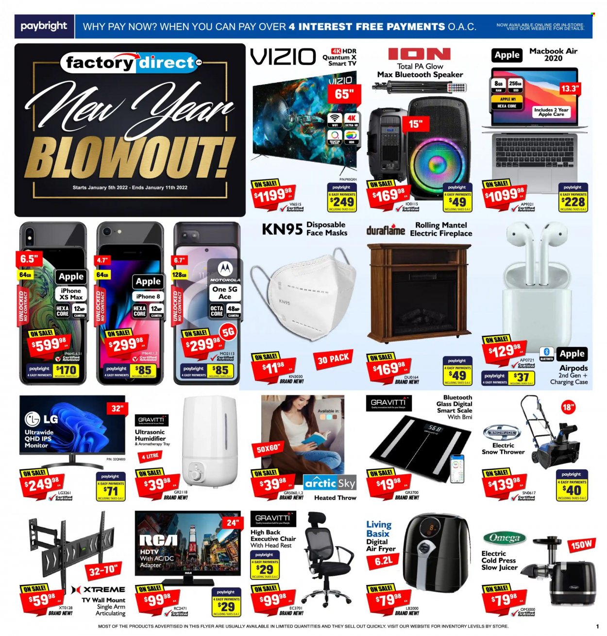 thumbnail - Factory Direct Flyer - January 05, 2022 - January 11, 2022 - Sales products - Apple, Vizio, scale, pin, iPhone, Ace, MacBook, MacBook Air, RCA, UHD TV, ultra hd, HDTV, TV, speaker, bluetooth speaker, Airpods, adapter, tv wall mount, air fryer, juicer, heated throw, humidifier, camera, LG, monitor, Motorola, smart tv, iPhone 8. Page 1.