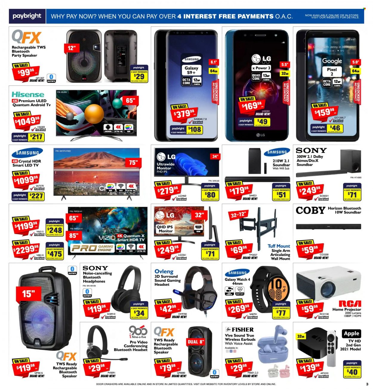 thumbnail - Factory Direct Flyer - January 05, 2022 - January 11, 2022 - Sales products - Sony, gaming headset, Apple, Vizio, Samsung Galaxy, pin, Samsung Galaxy Watch, RCA, Android TV, UHD TV, ultra hd, TV, projector, speaker, bluetooth speaker, sound bar, headset, headphones, earbuds, camera, LED TV, monitor, Hisense. Page 3.